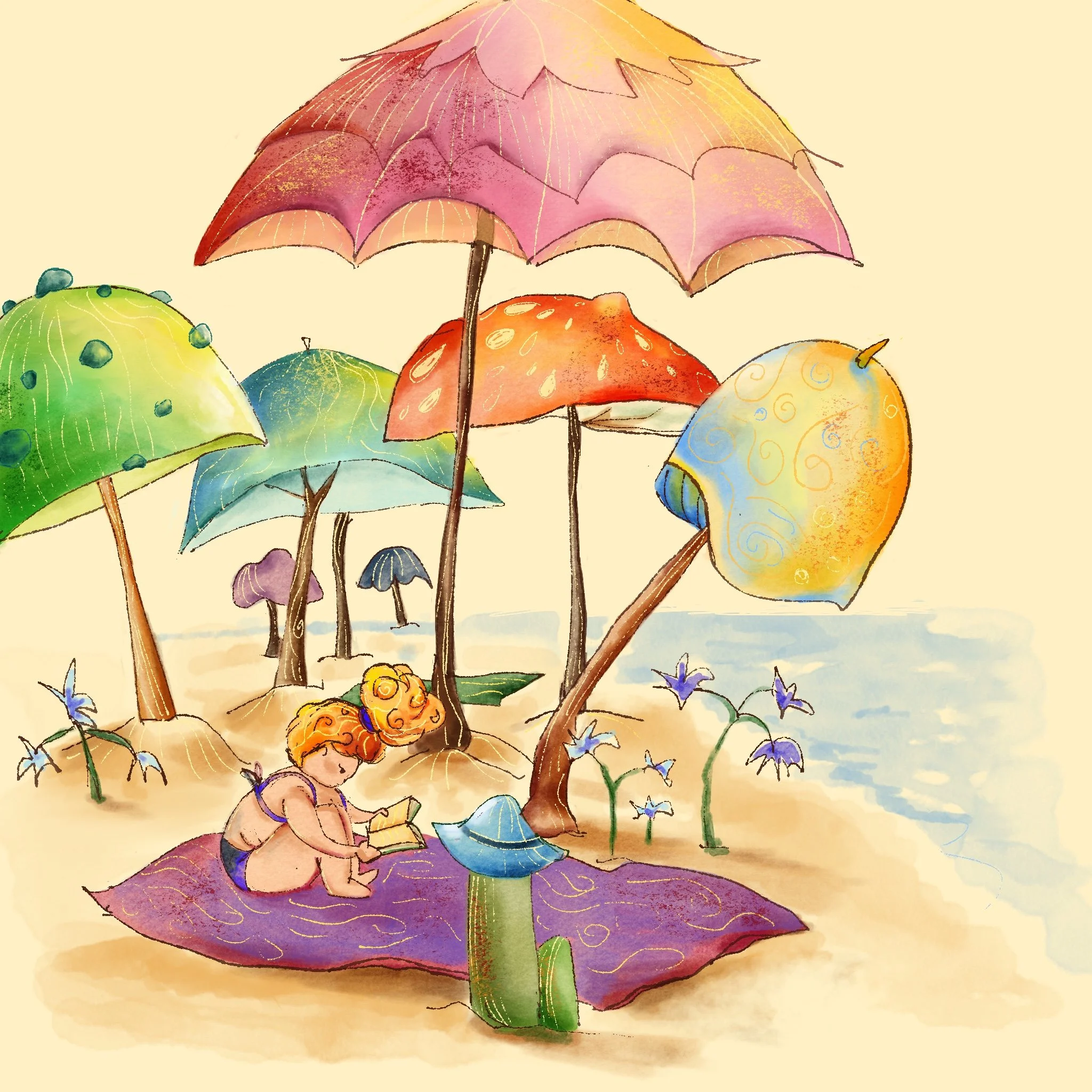 A drawing of a girl sitting under a large mushroom umbrella on the beach, surrounded by other umbrellas of various colors and shapes, while she reads a book.