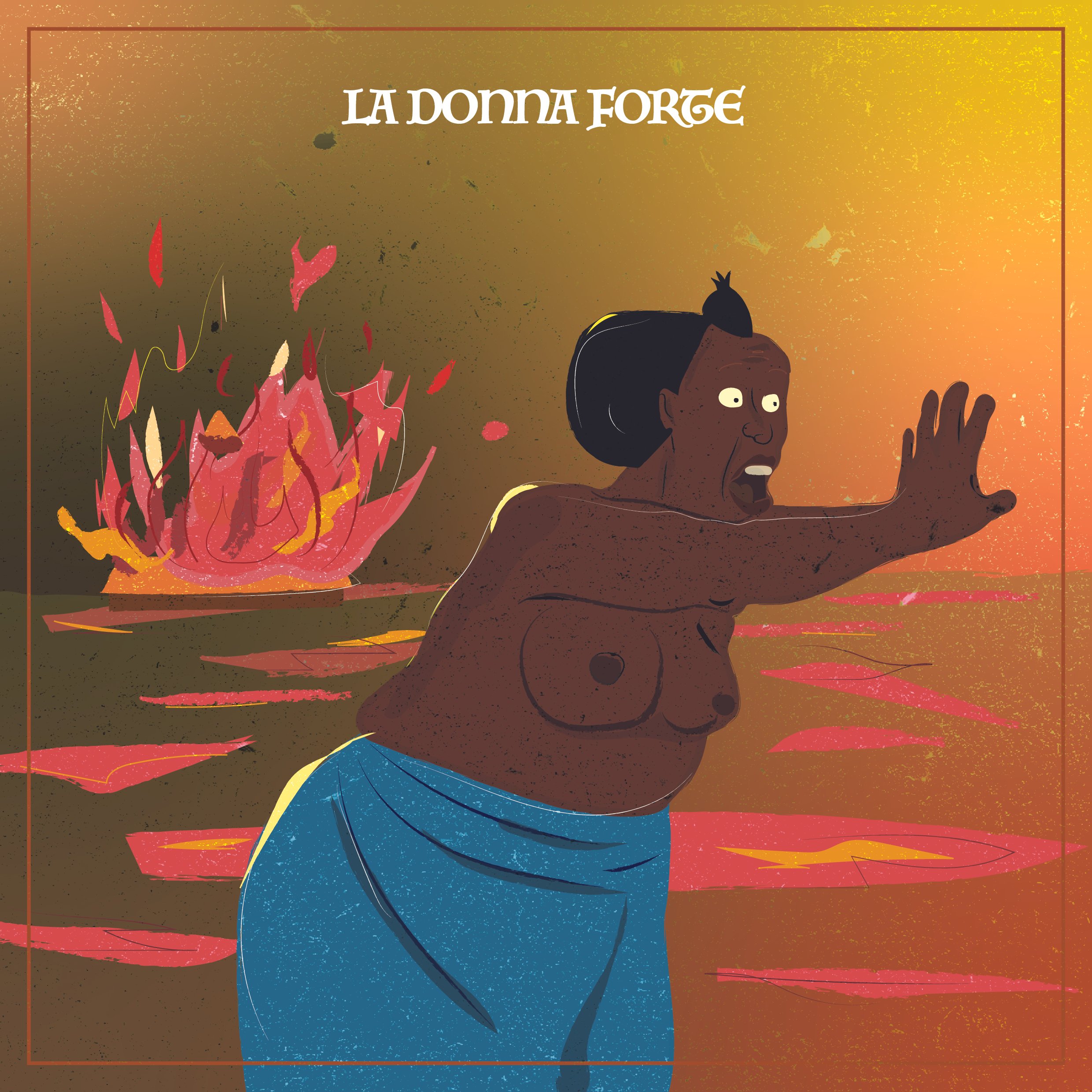 Illustrazione di una donna nera di spalle con capelli corti, che corre attraverso un campo di fiamme crepuscali, con una copricapo blu. Scritto in alto 'La donna forge' su uno sfondo di colori caldi e texture artistiche.