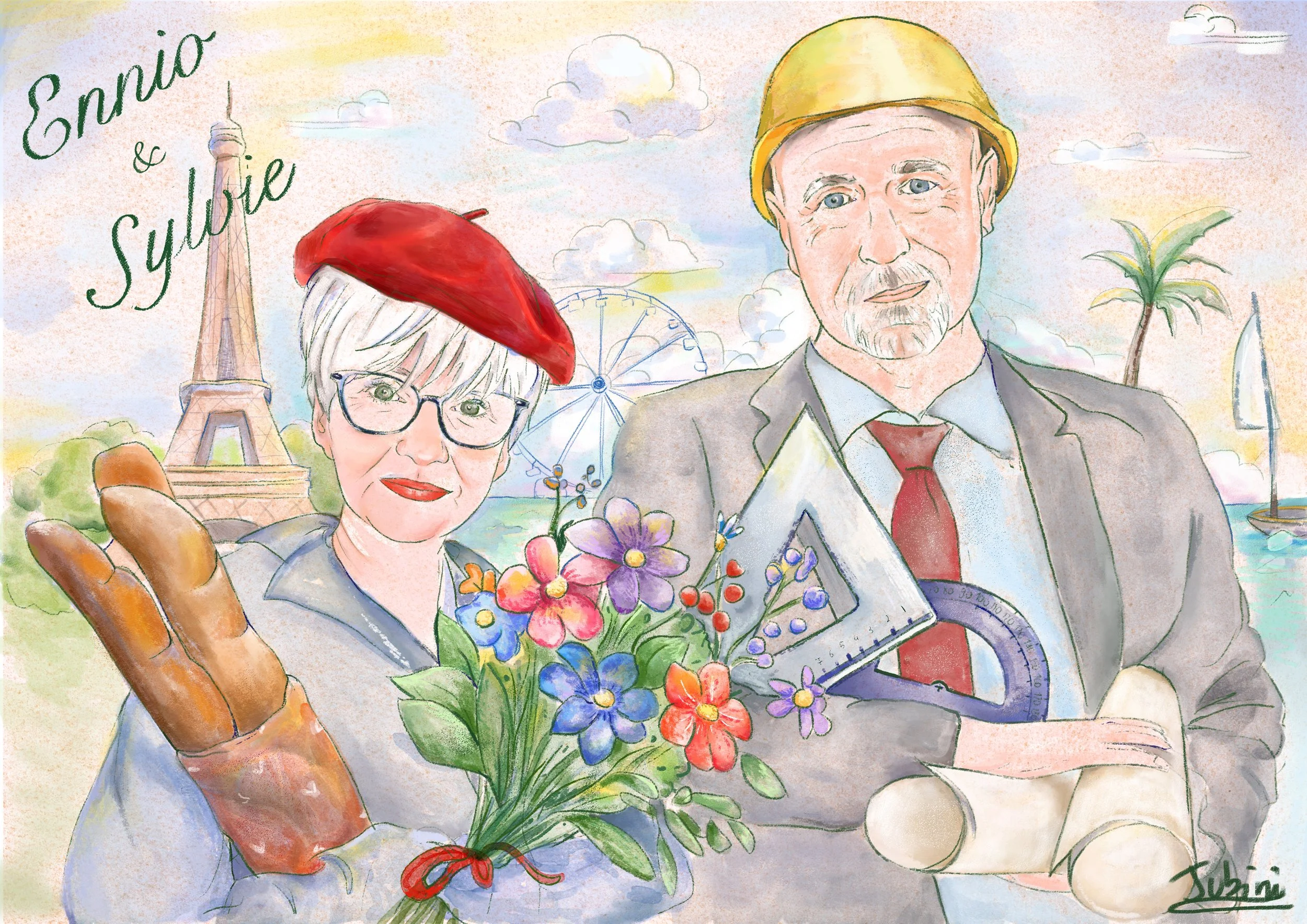 An illustration featuring two people—a woman wearing glasses and a red cap, and a man wearing a yellow cap and holding rulers—surrounded by Parisian landmarks such as the Eiffel Tower, the Ferris wheel, with colorful flowers in the foreground.