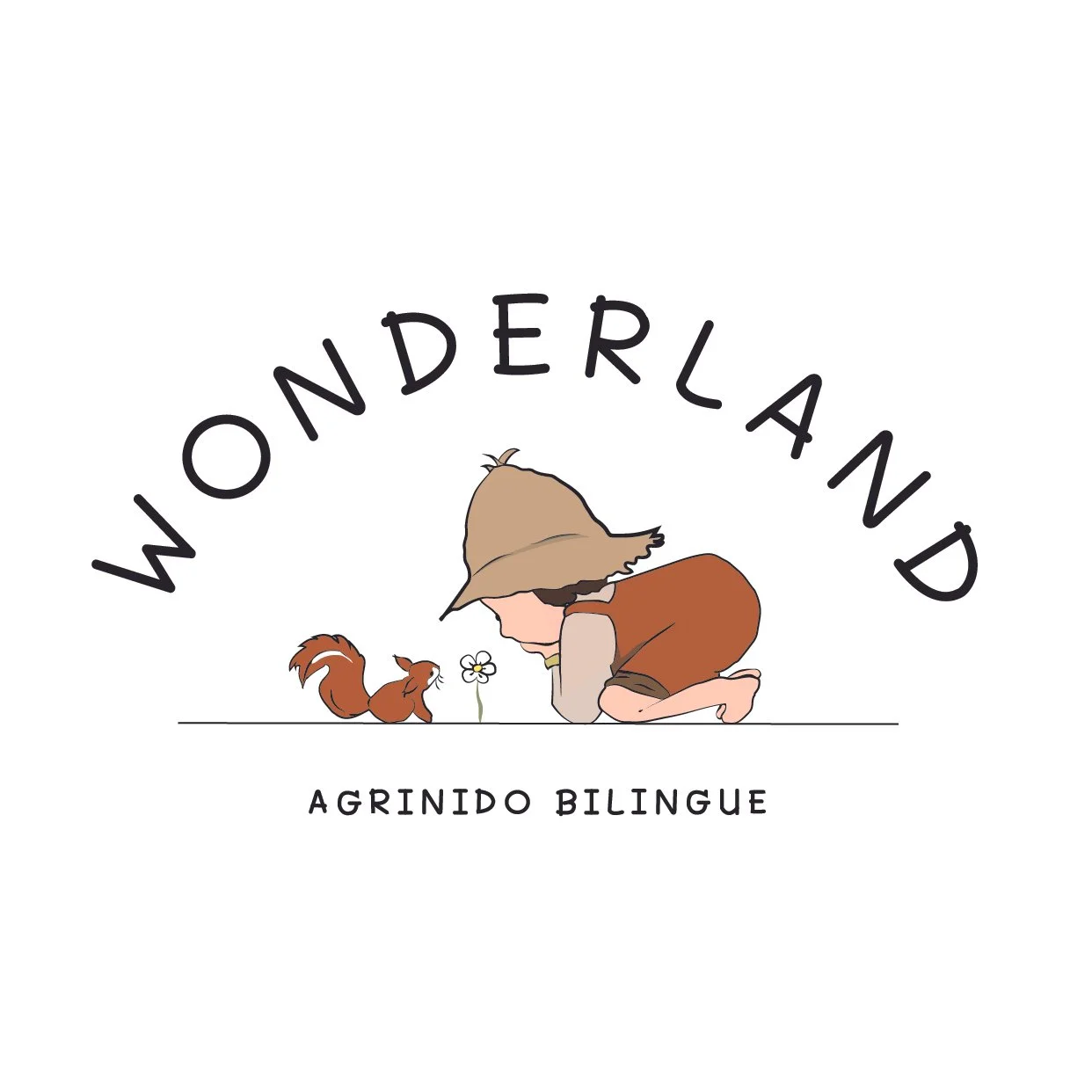 Logo featuring a child wearing a brown hat and a squirrel, with a flower between them, and the text “Wonderland” and “Agrindo Bilingue.”