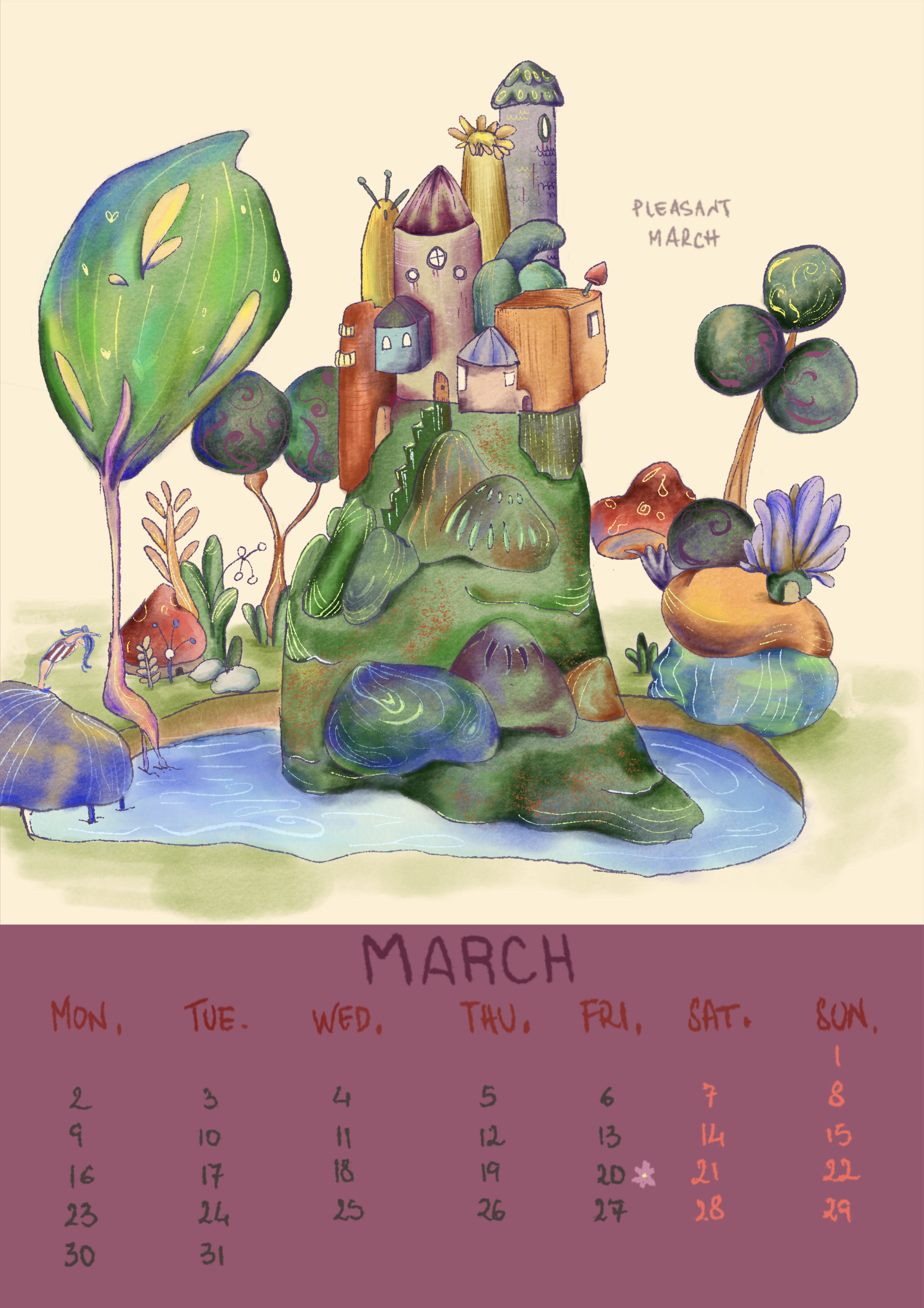 Calendario del mese di marzo con un'illustrazione di un paesaggio fantastico che include case, montagne, alberi e un lago, con la scritta 'Pleasant March' sul lato destro.