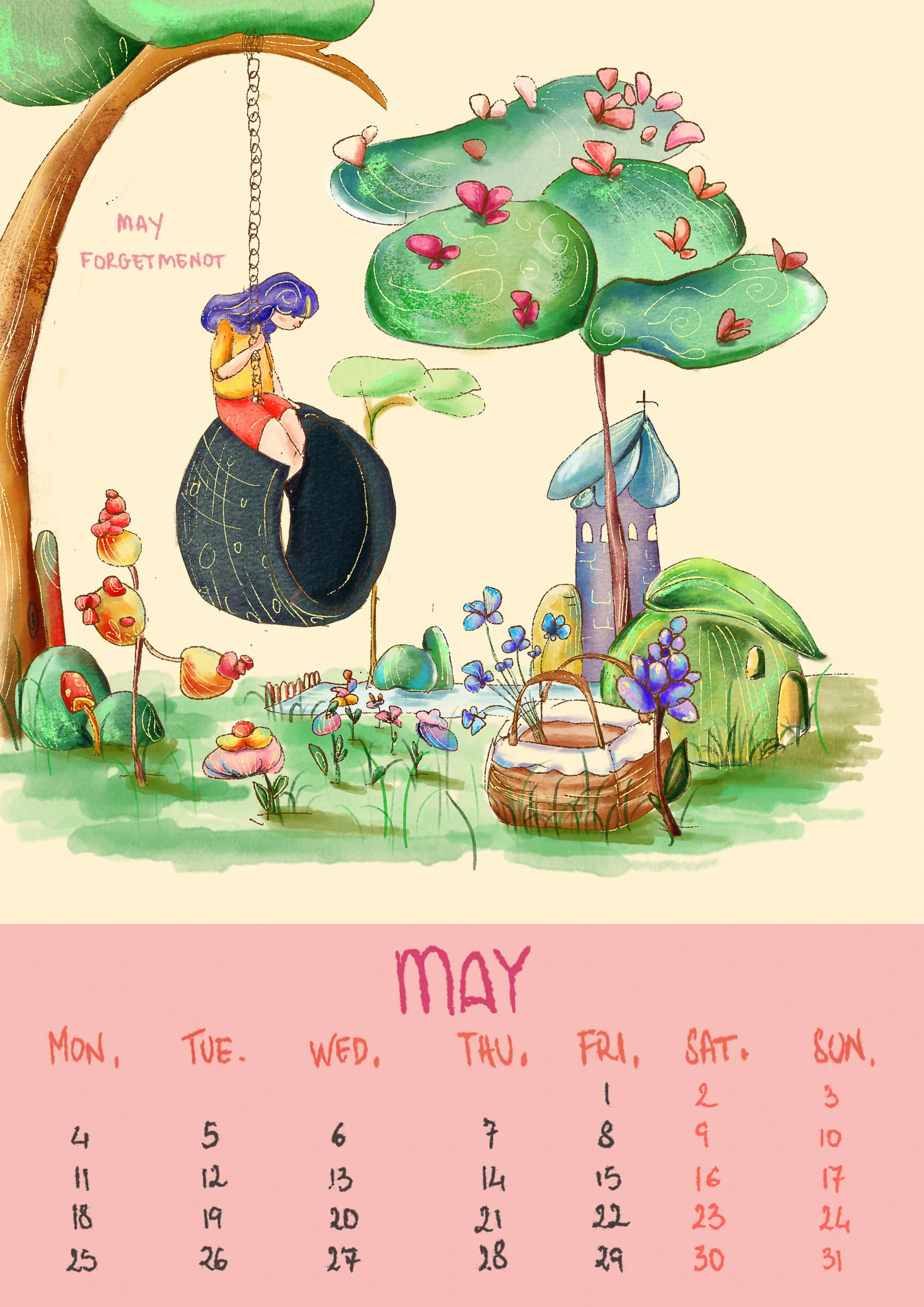A calendar page featuring an illustration of the month of May, decorated with drawings of flowers, leaves, and a little girl sitting on a black wheel hanging from a branch.