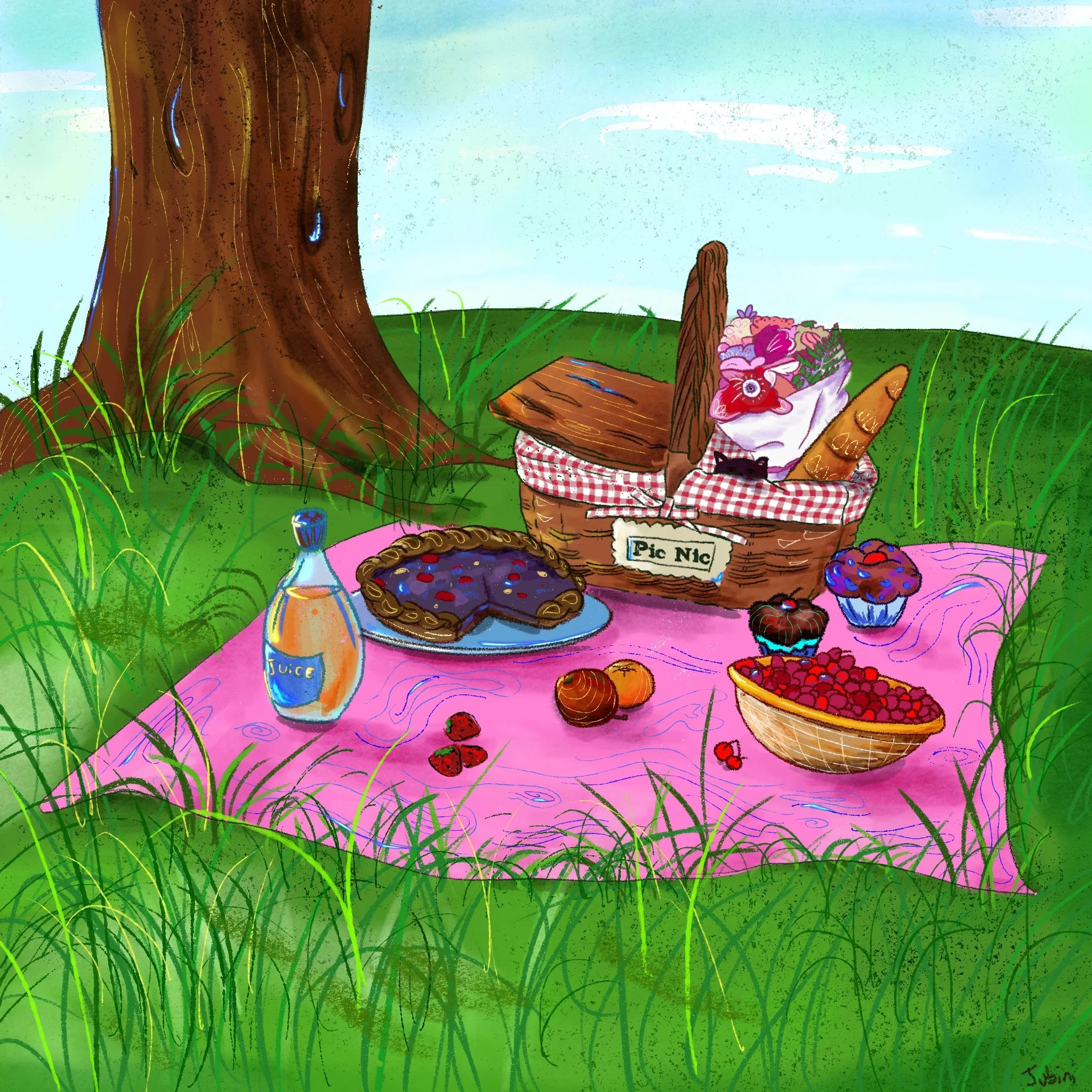 Un picnic immerso in un prato verde con un grande albero, una cesta con dei fiori, dolci e bevande, e diversi dolci come cioccolatini e fragole, in una giornata di sole.
