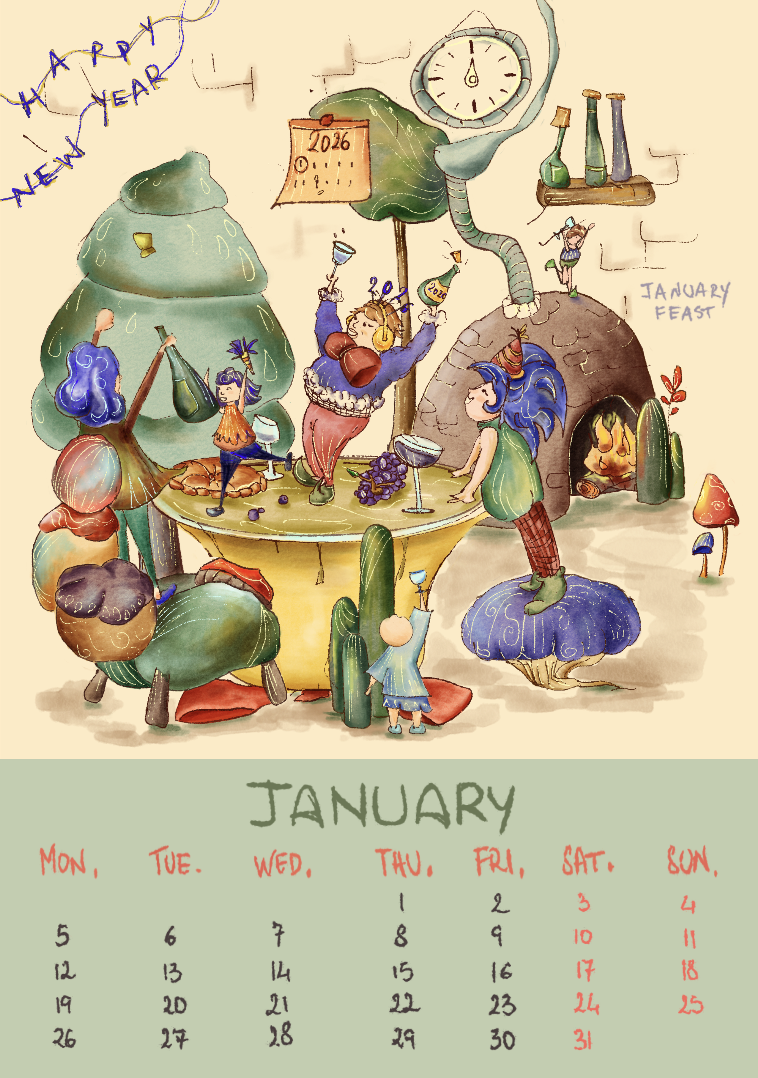 Un calendario illustrato per il mese di gennaio con dettagli fantasy e artistici, decorato con personaggi di fantasia che festeggiano il capodanno e rappresentano una scena di festa. In alto a sinistra, c'è una scritta: 'Happy New Year 2026'.