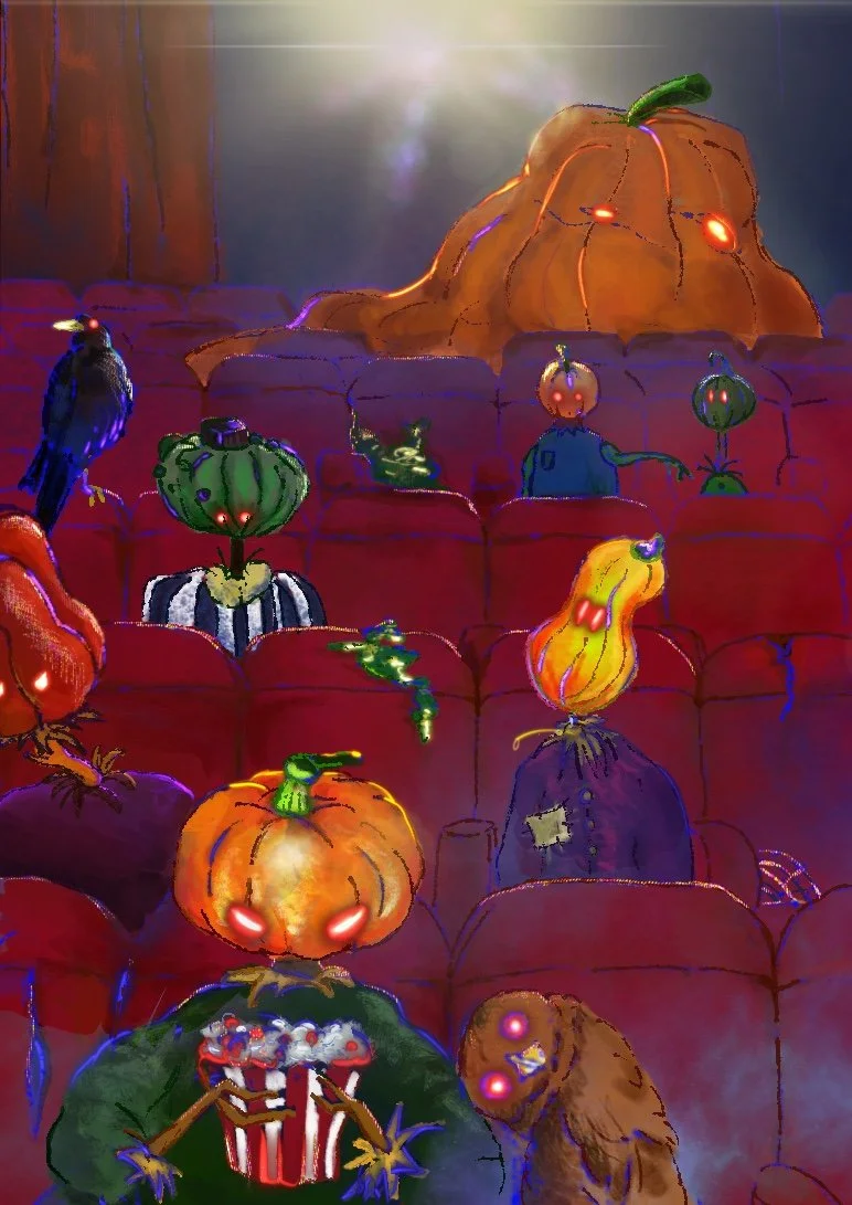Immagine di un cinema con sedie rosse e una grande zucca illuminata sullo sfondo, mentre seduti ci sono varie zucche con facce illuminate, alcune con braccia e cappelli, creando un'atmosfera di Halloween.