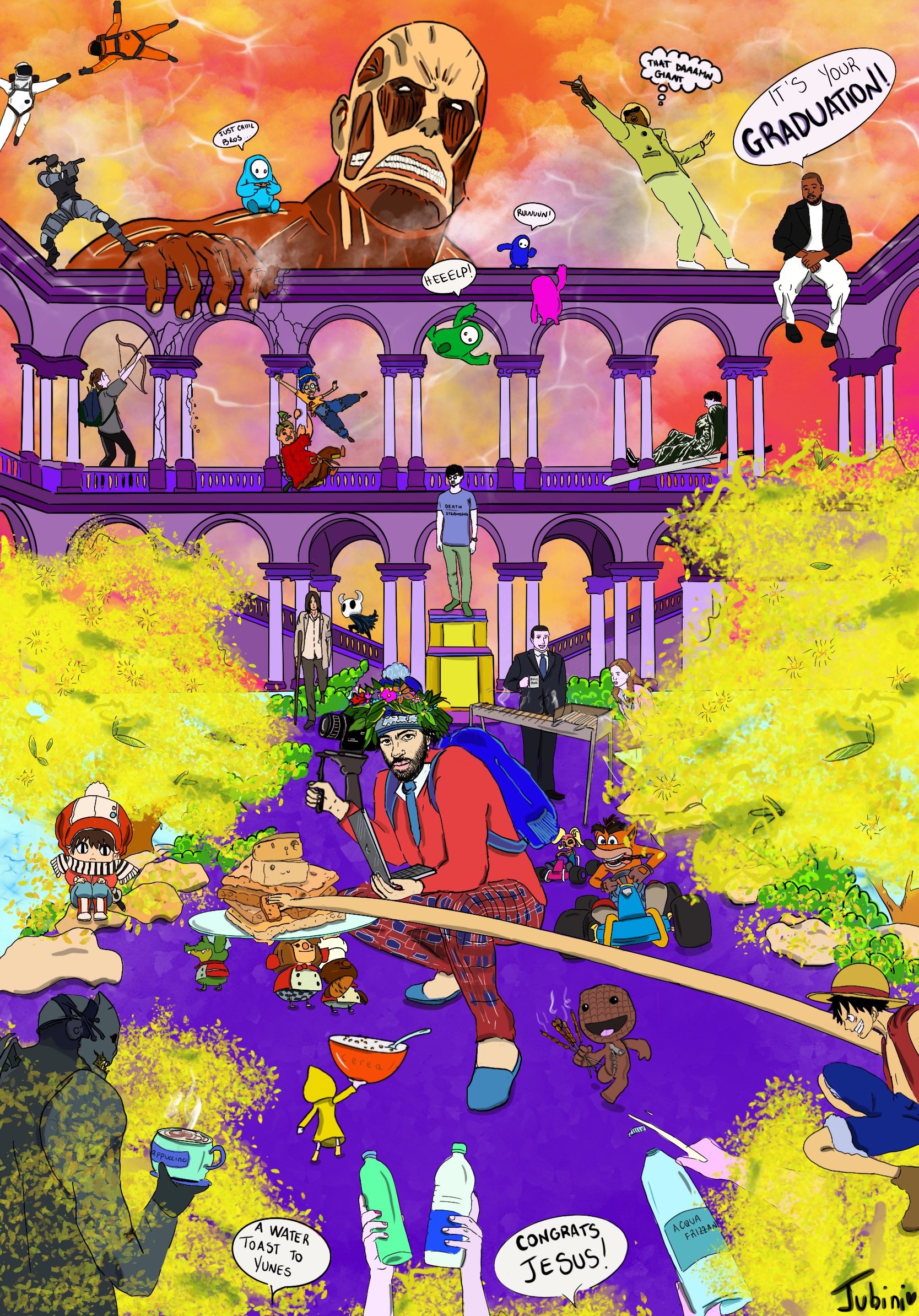 Un collage colorato e caotico rappresenta una scena immaginaria con molte persone e personaggi, tra cui yanghawk, un uomo con una corona di foglie che condivide un dolce, e altri che celebrano un evento con vari oggetti. Ci sono personaggi che volano