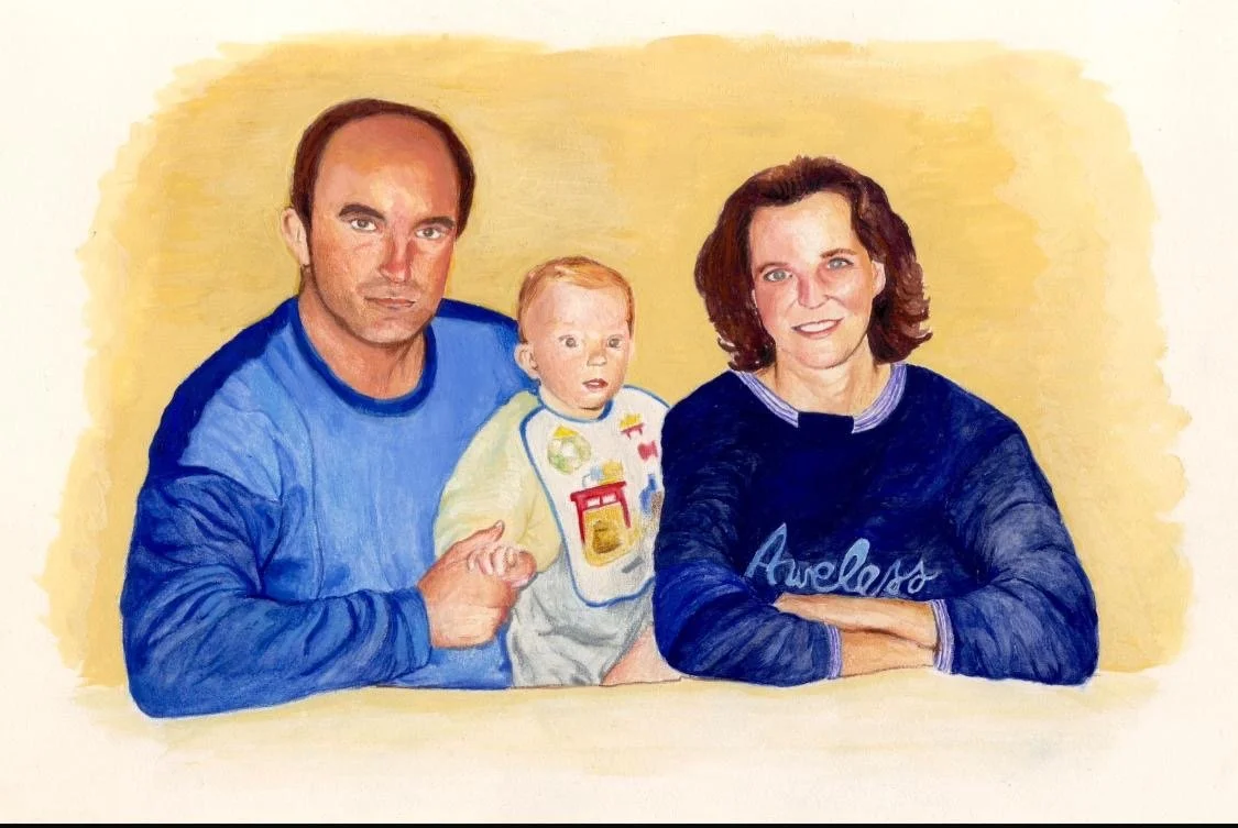A painting of a family of three—a man, a woman, and a child—sitting at a table against a beige background.