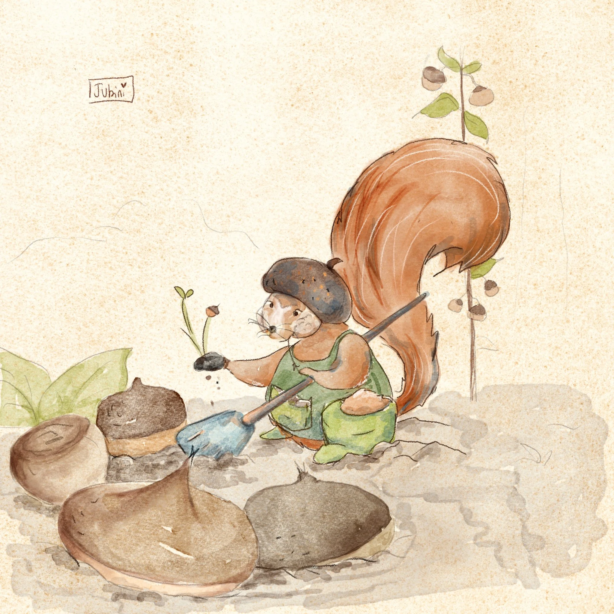 A drawing of a squirrel dressed as a gardener, raking leaves with a hoe, surrounded by chestnuts and plants.