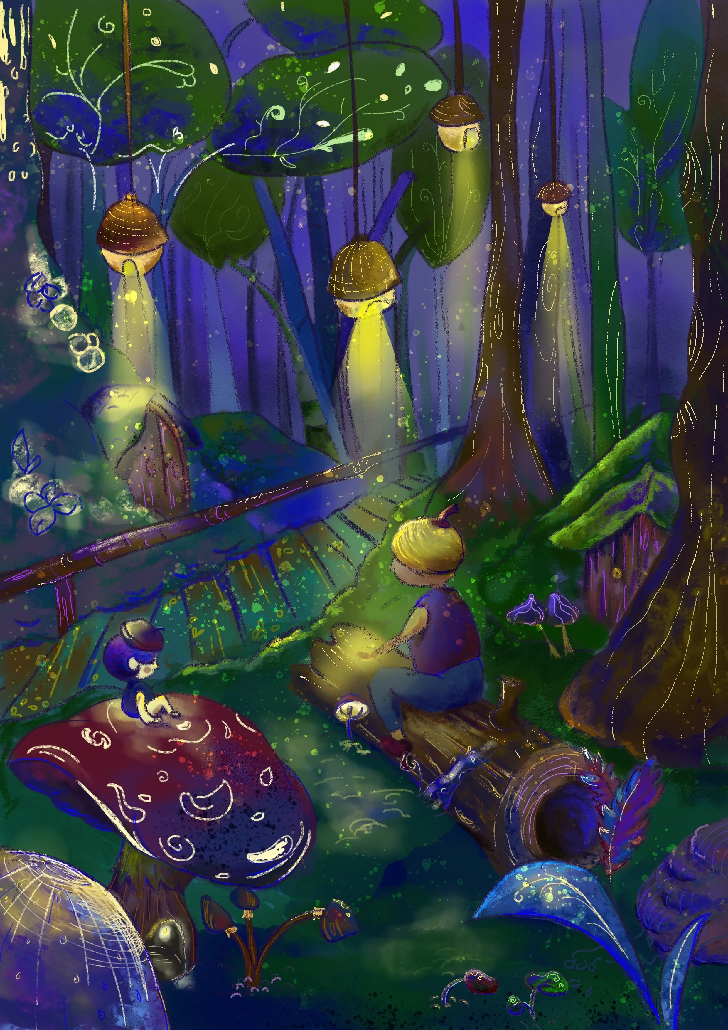 An illustration of a magical garden at night featuring glowing mushrooms and plants with luminous stems, with children observing and interacting with their surroundings, rendered in a colorful, fantastical artistic style.