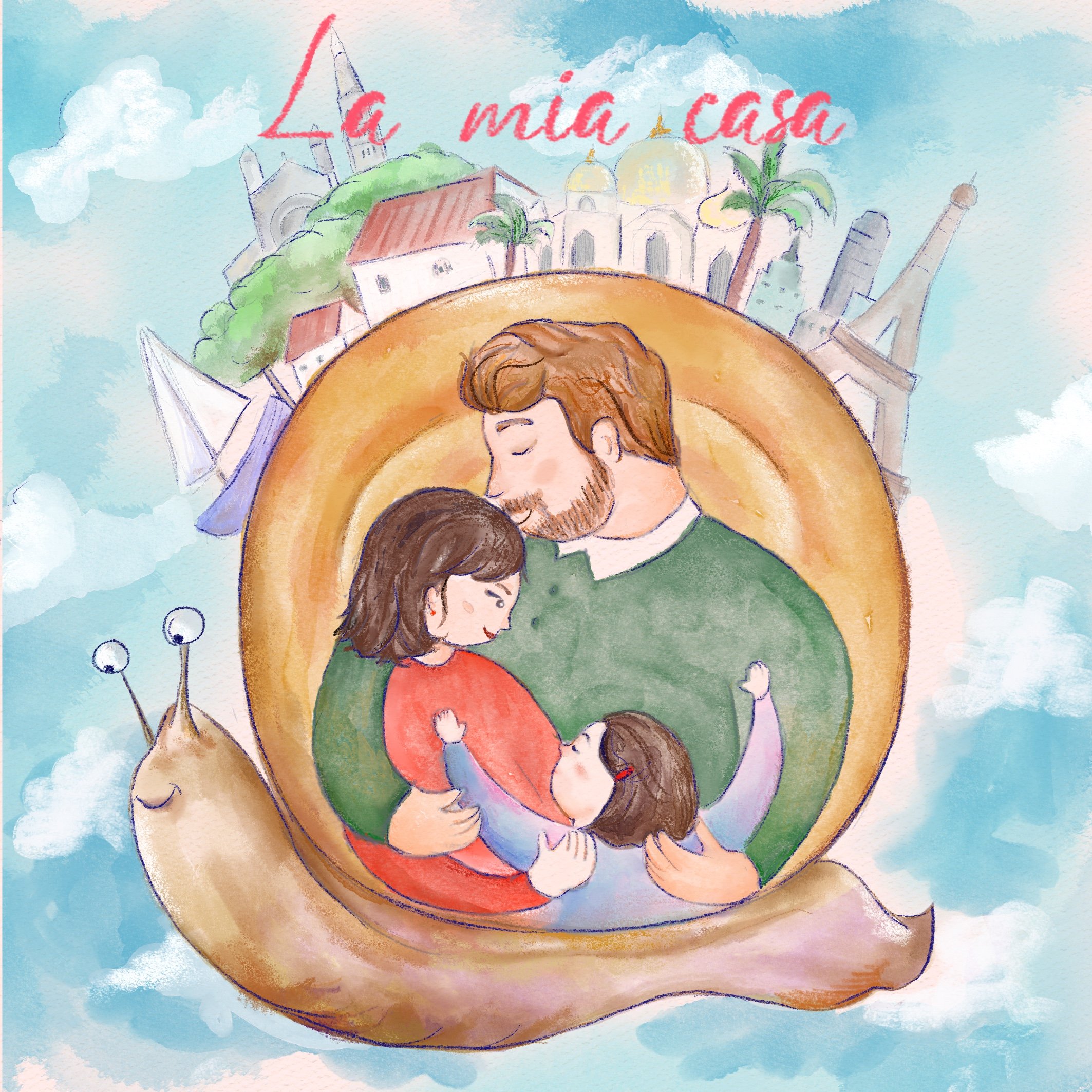 Disegno di due persone che si abbracciano e si baciano sotto un arco, con un paesaggio di città e natura sullo sfondo e il testo 'La mia caro' sopra.