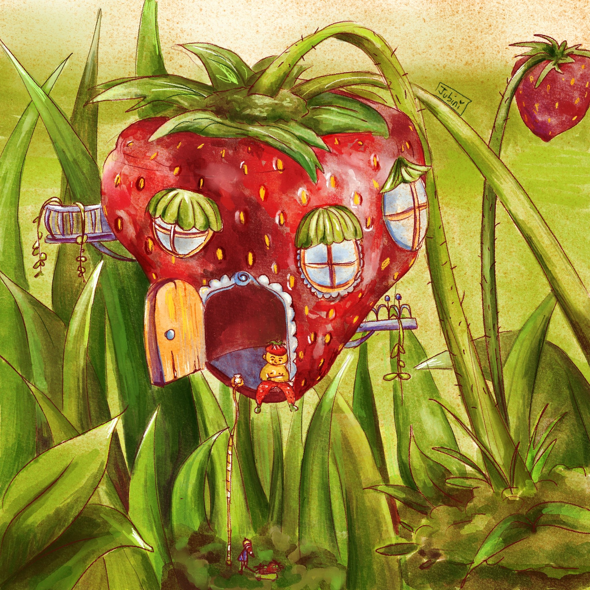 Illustrazione di una grande fragola con foglie verdi, nel contesto di un ambiente naturale con piante e foglie.