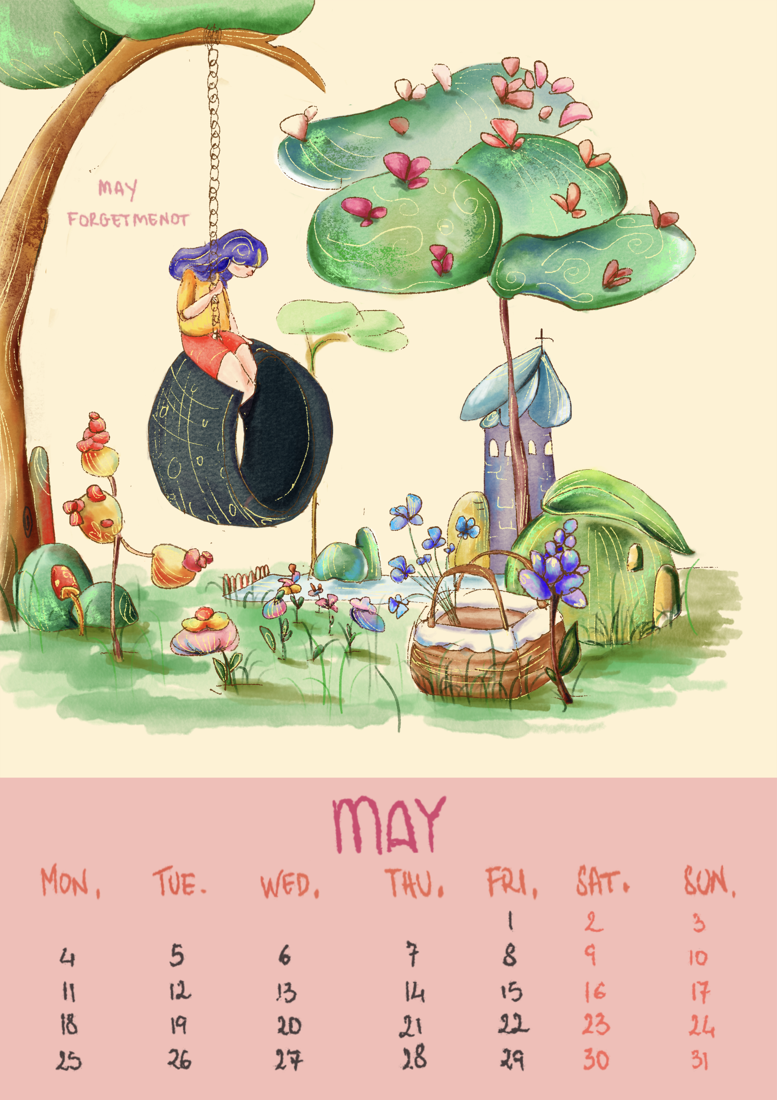 Un'illustrazione artistica di un giardino o un'area all'aperto con piante, fiori, farfalle e un piccolo castello. In primo piano ci sono diverse piante con foglie e fiori colorati. Una ragazza con i capelli blu, vestita con un top giallo e pantalonci