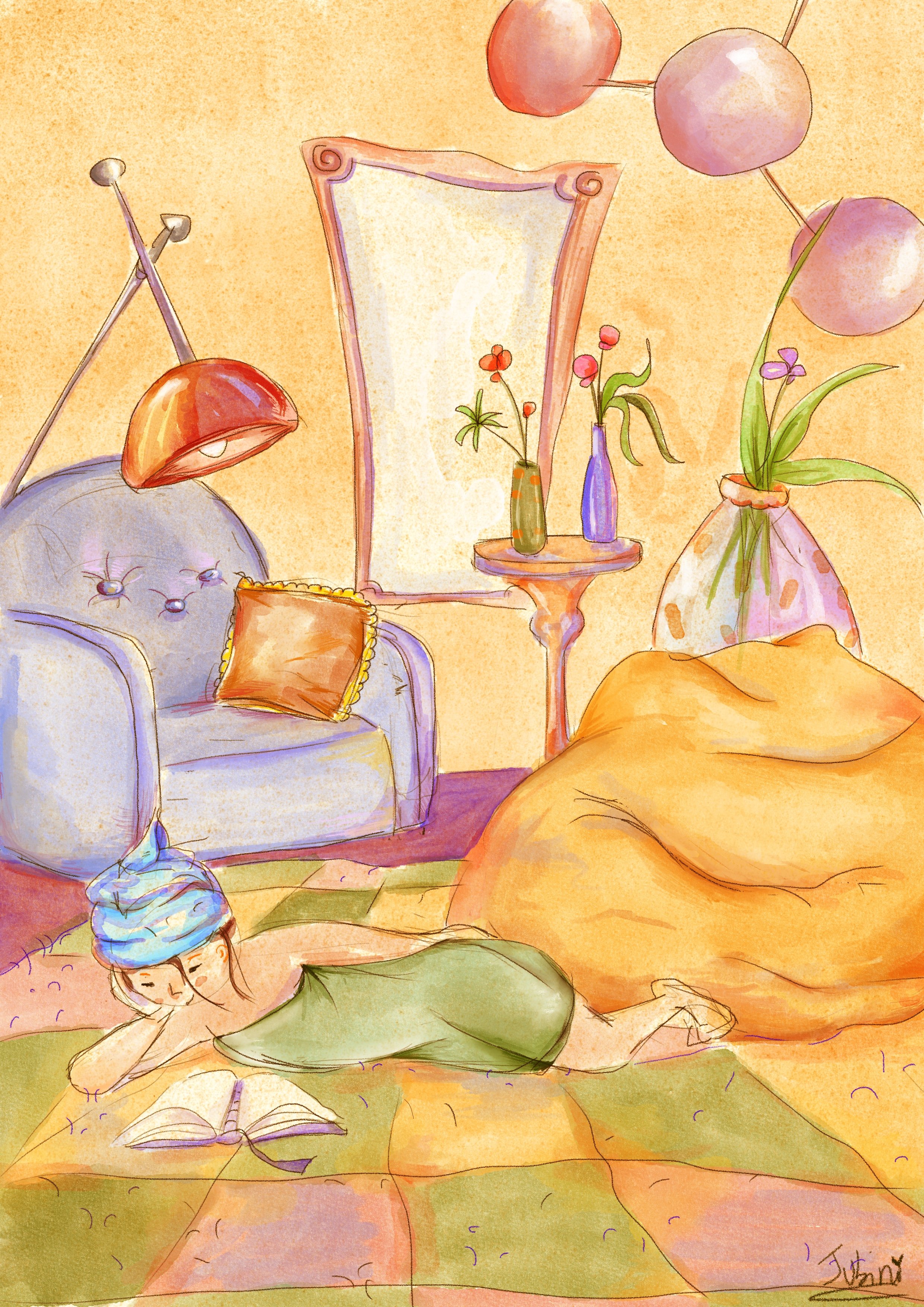 Illustrazione colorata di un ambiente domestico con divano, vasi di fiori, lampada e persone che si rilassano leggendo.