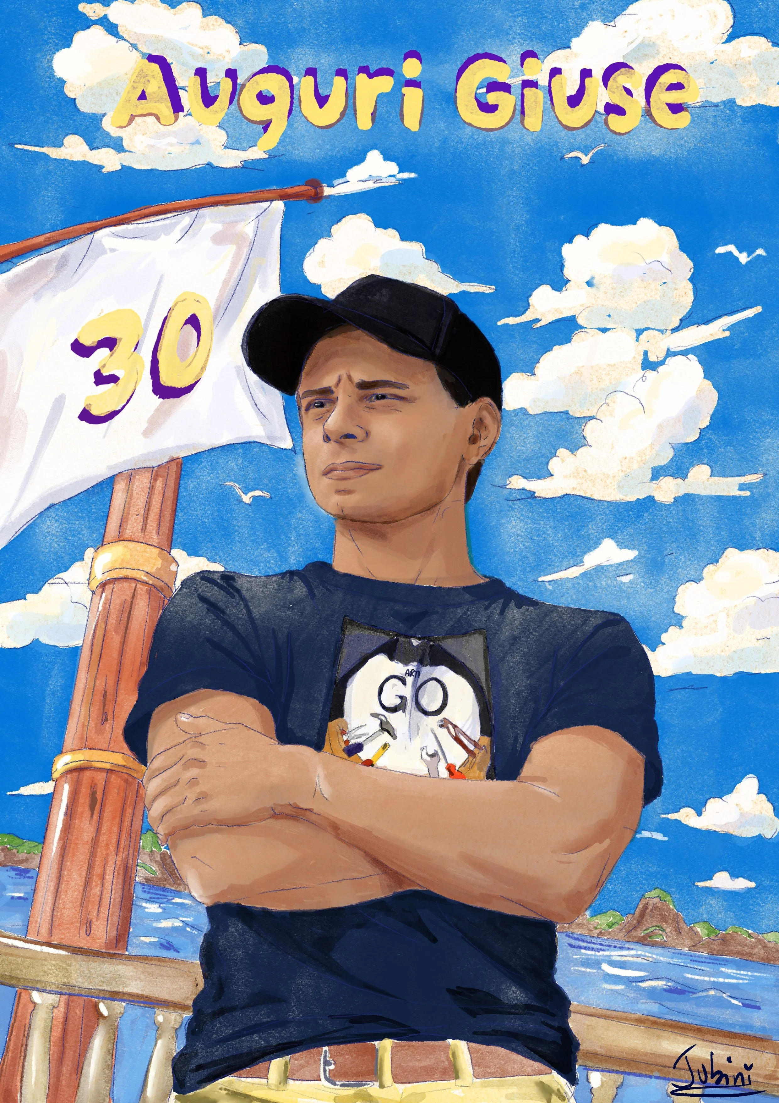 Il poster mostra un ragazzo con cappellino nero, braccia incrociate, in sfondo un mare e un cielo con nuvole. Scritte in alto: 'Auguri Giuse', e a sinistra il numero 30, con una bandiera di vela. In basso a destra il nome 'Subini'.