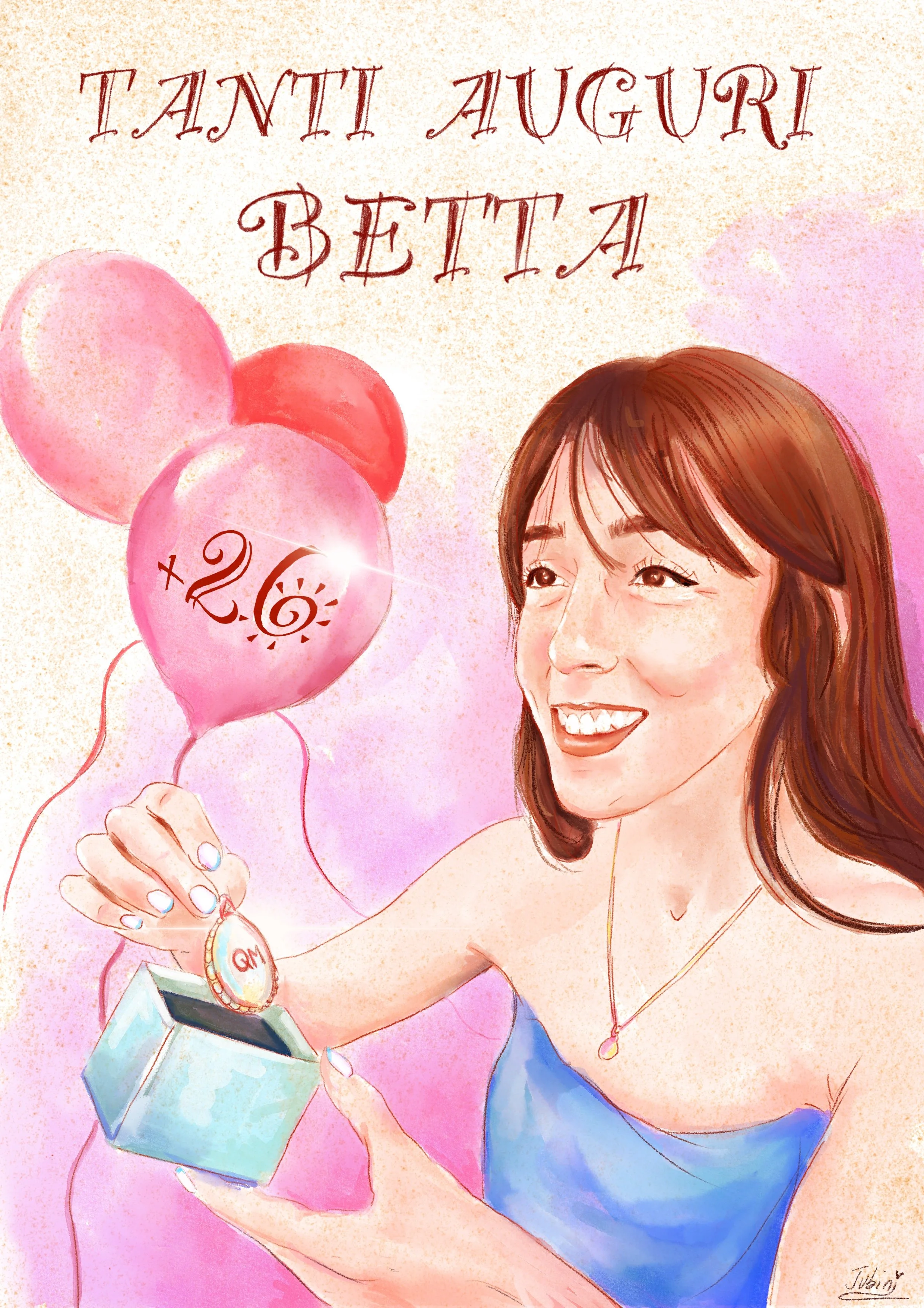 Ritratto di una donna sorridente con capelli castani, che tiene in mano un regalo e dei palloncini rosa, con scritta di auguri di compleanno.