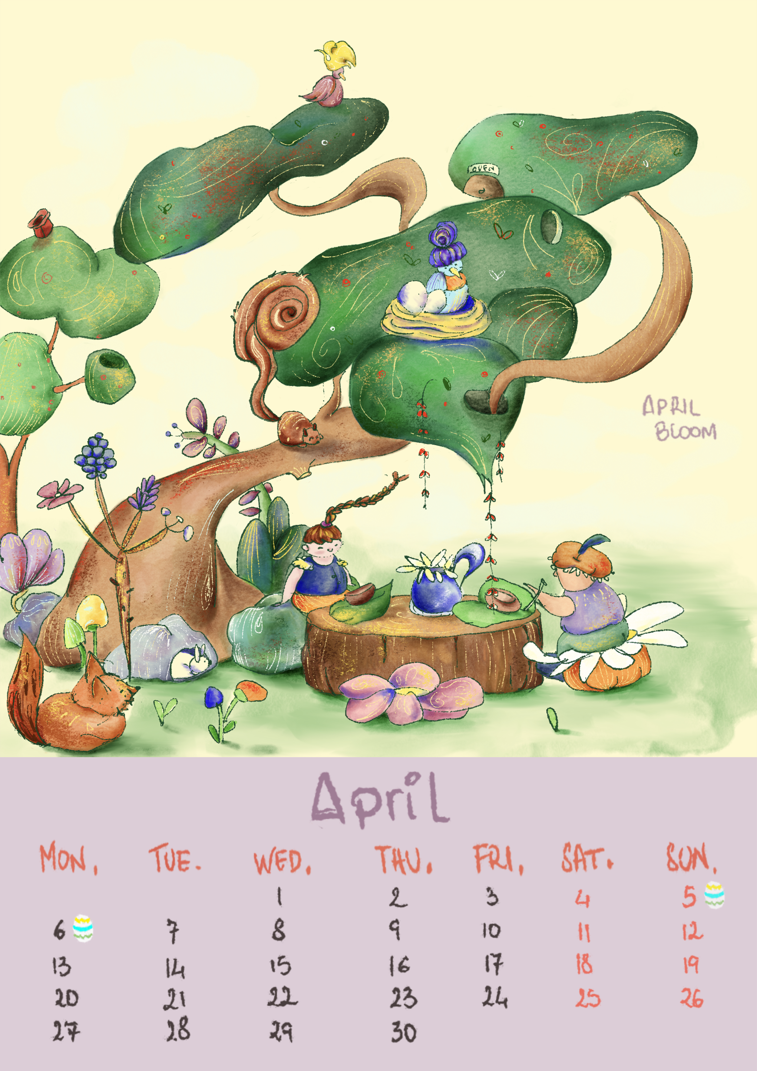 Un calendario illustrato per il mese di aprile, con disegni di elementi della natura, come fiori, uccelli e animali, e una scena con bambini che fanno attività all'aperto. La decorazione ha uno stile colorato e cartoonesco.