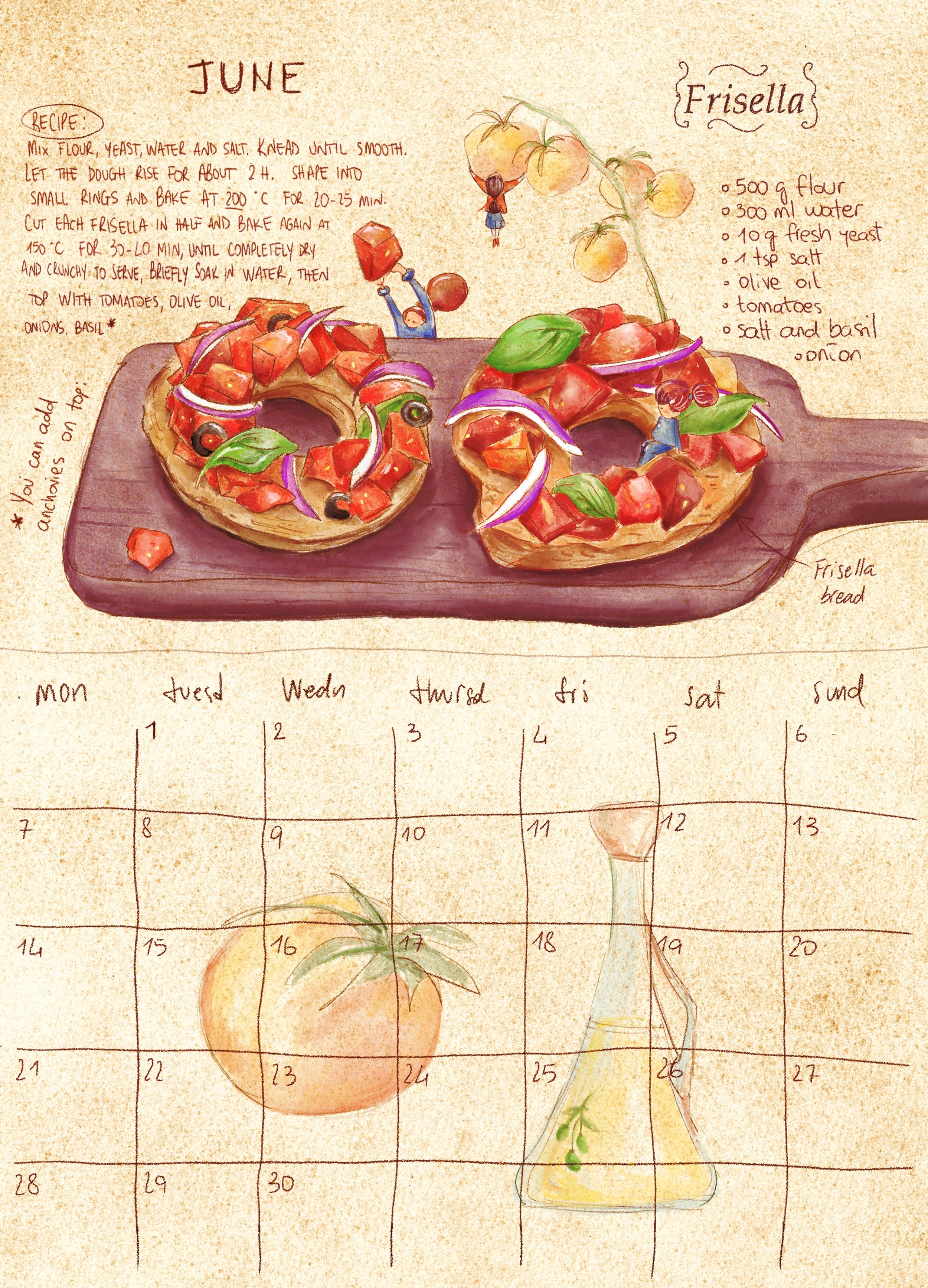 A colorful drawing of two slices of bread shaped like donuts, topped with tomatoes, olives, onion, and basil. In the background is a tomato plant. Above the drawing is a list of recipes and a list of ingredients, all handwritten.