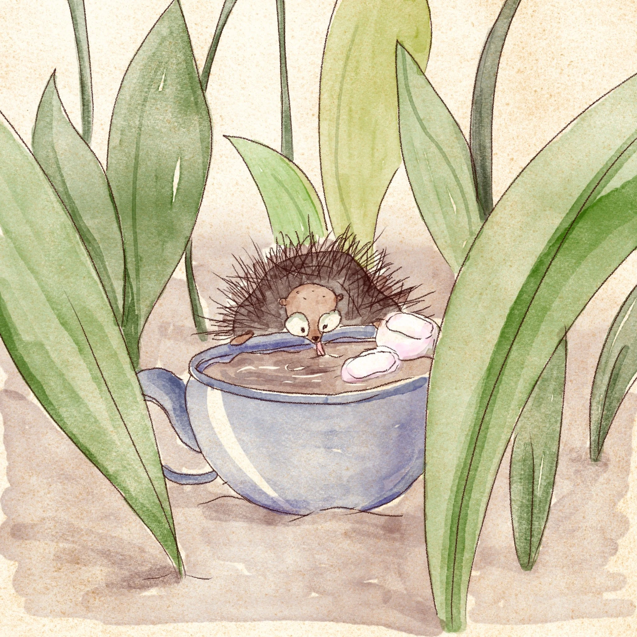 Illustration of a hedgehog in the middle of a meadow, drinking from a large cup of hot chocolate.