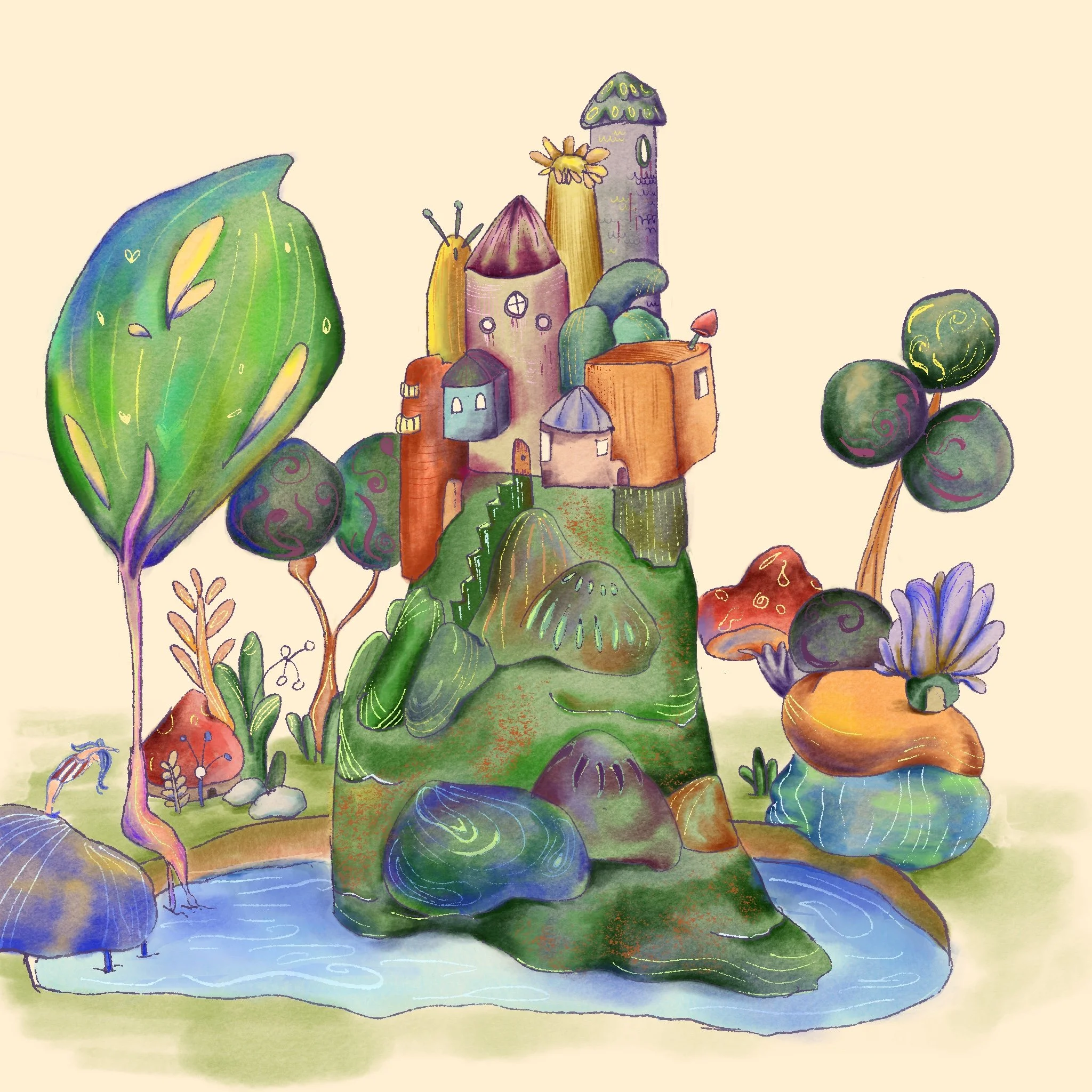 Acquarello di un mondo immaginario con case, alberi, insetti e una scena acquatica, tutto in tonalità pastello