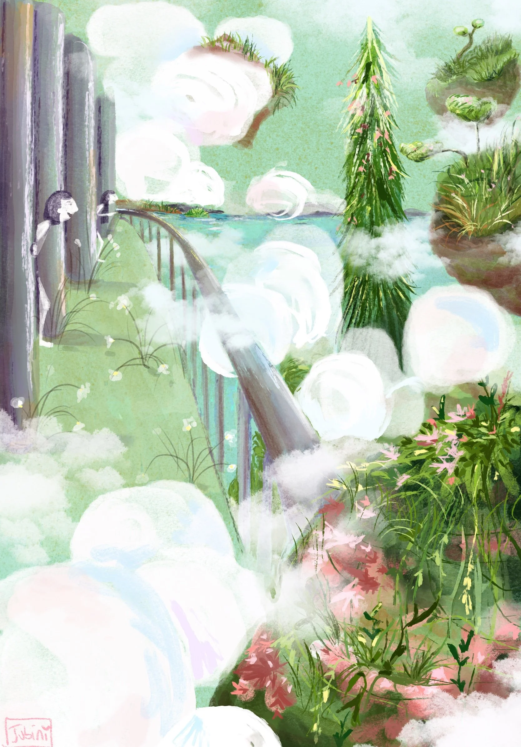 Dipinto ad acquerello di un paesaggio naturalistico con alberi, fiori e una cascata, atmosfere serene e verdi.