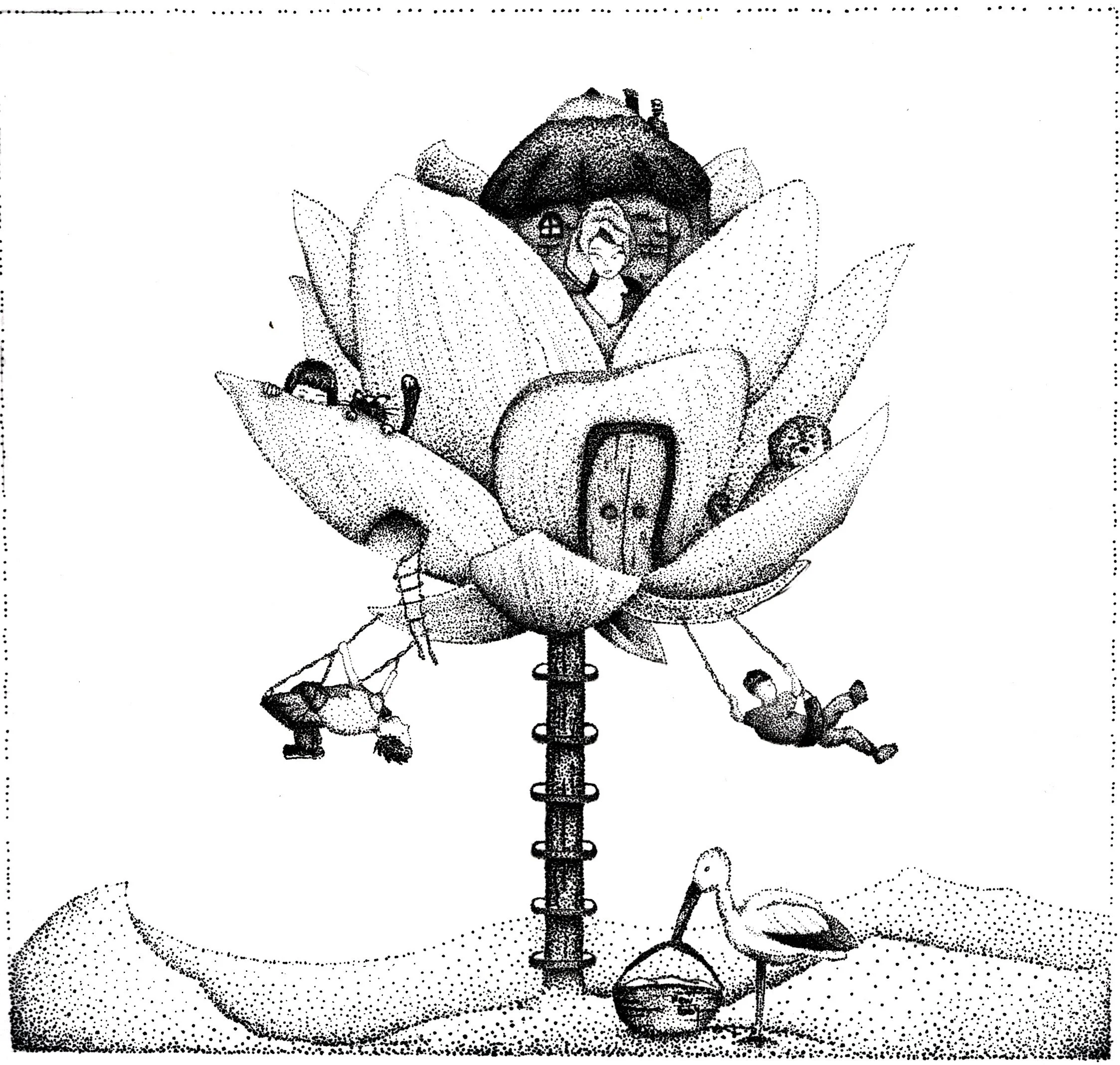 Disegno in stile pointillism di una scena con un fiore gigante aperto, all'interno del fiore si vede il volto di una donna, e sopra il gambo ci sono vari strumenti musicali e un uccellino.