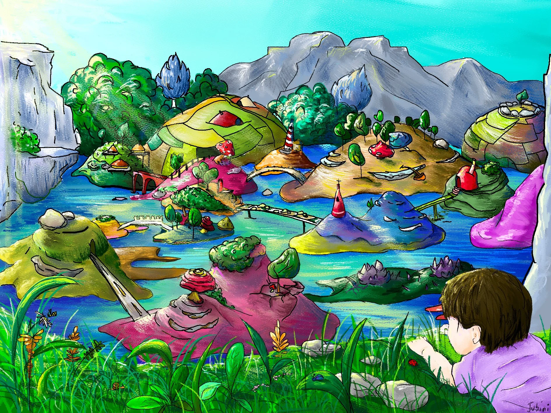 Disegno colorato di un paesaggio fantastico con montagne, alberi, un ruscello e una casa di paglia. In primo piano, un bambino con i capelli scuri che guarda una presenza misteriosa tra le rocce e l'acqua.