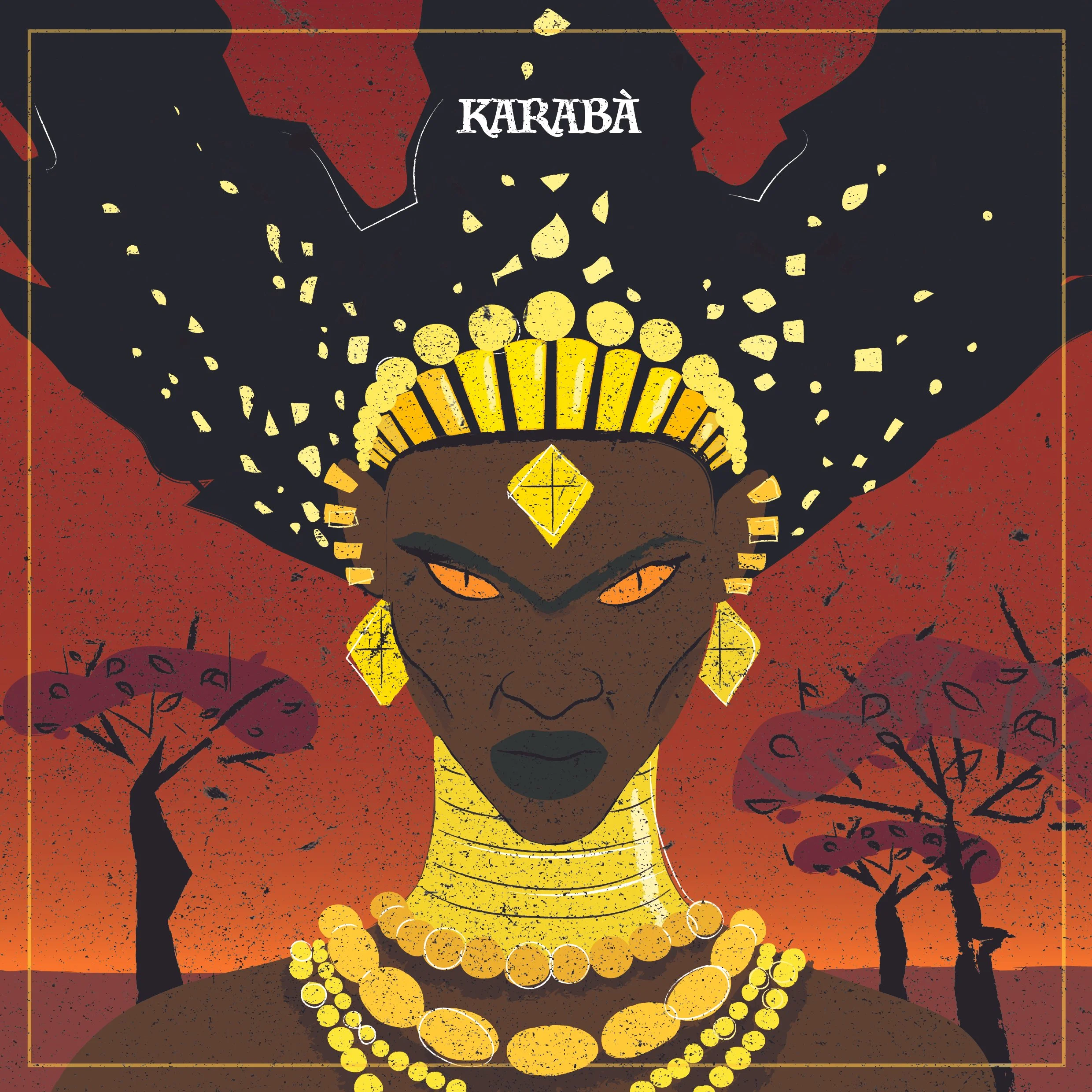A stylized portrait of a female figure wearing a gold pearl necklace, with a golden symbol on her chest and black trees with colorful decorations in the background. The figure is set against a background of geometric designs and symbolic motifs.
