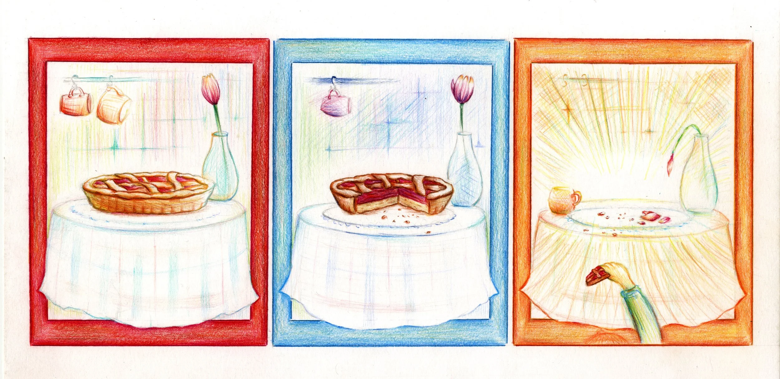 Disegno di tre tavoli con torte e vasi di fiori, in stile colorato e stilizzato.