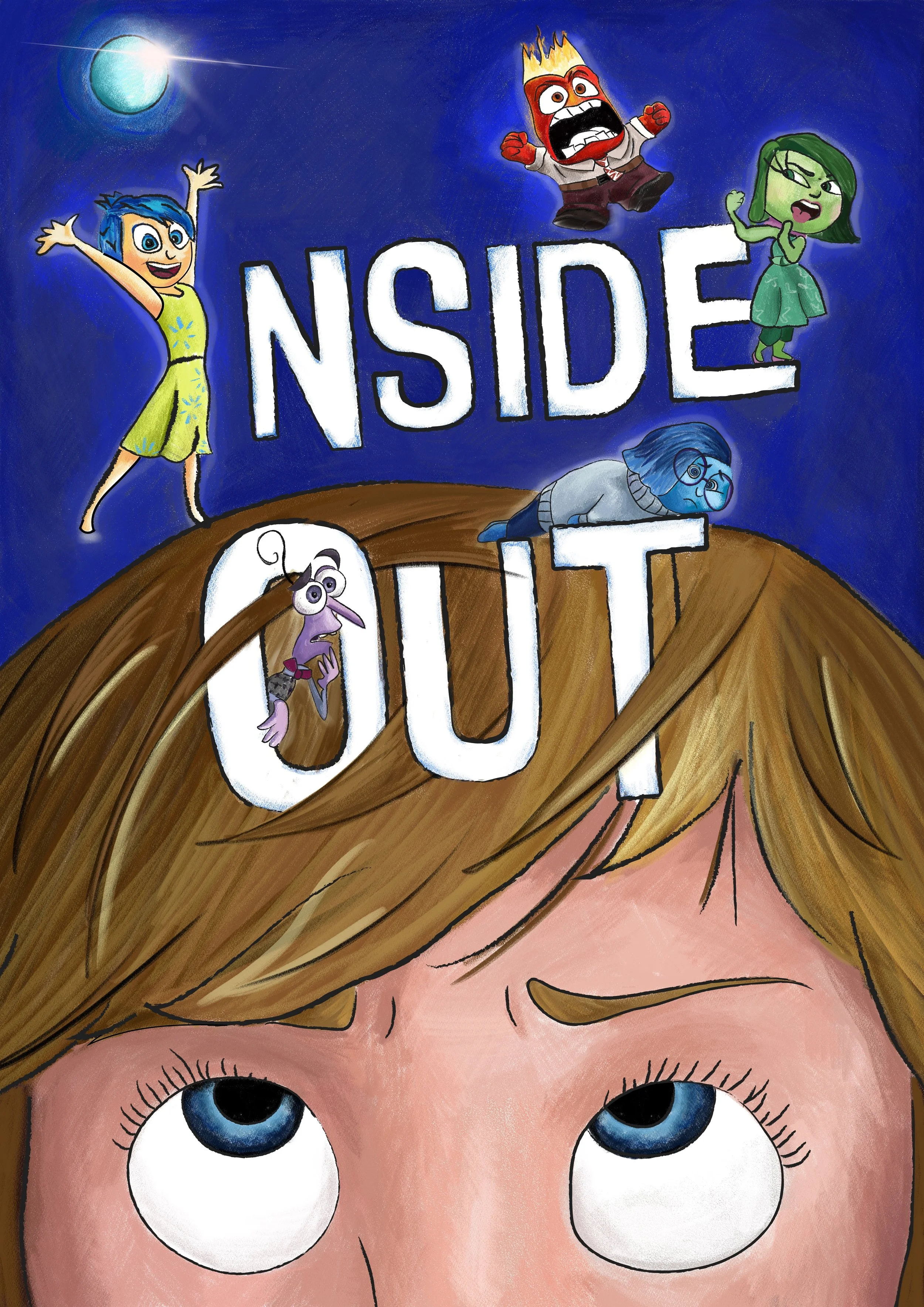 Illustrazione di una ragazza con grandi occhi azzurri e capelli castani, con il testo 'INSIDE OUT' scritto sopra e vari personaggi animati sopra di essa, tra cui un personaggio con la testa in fiamme e altri colori vivaci.