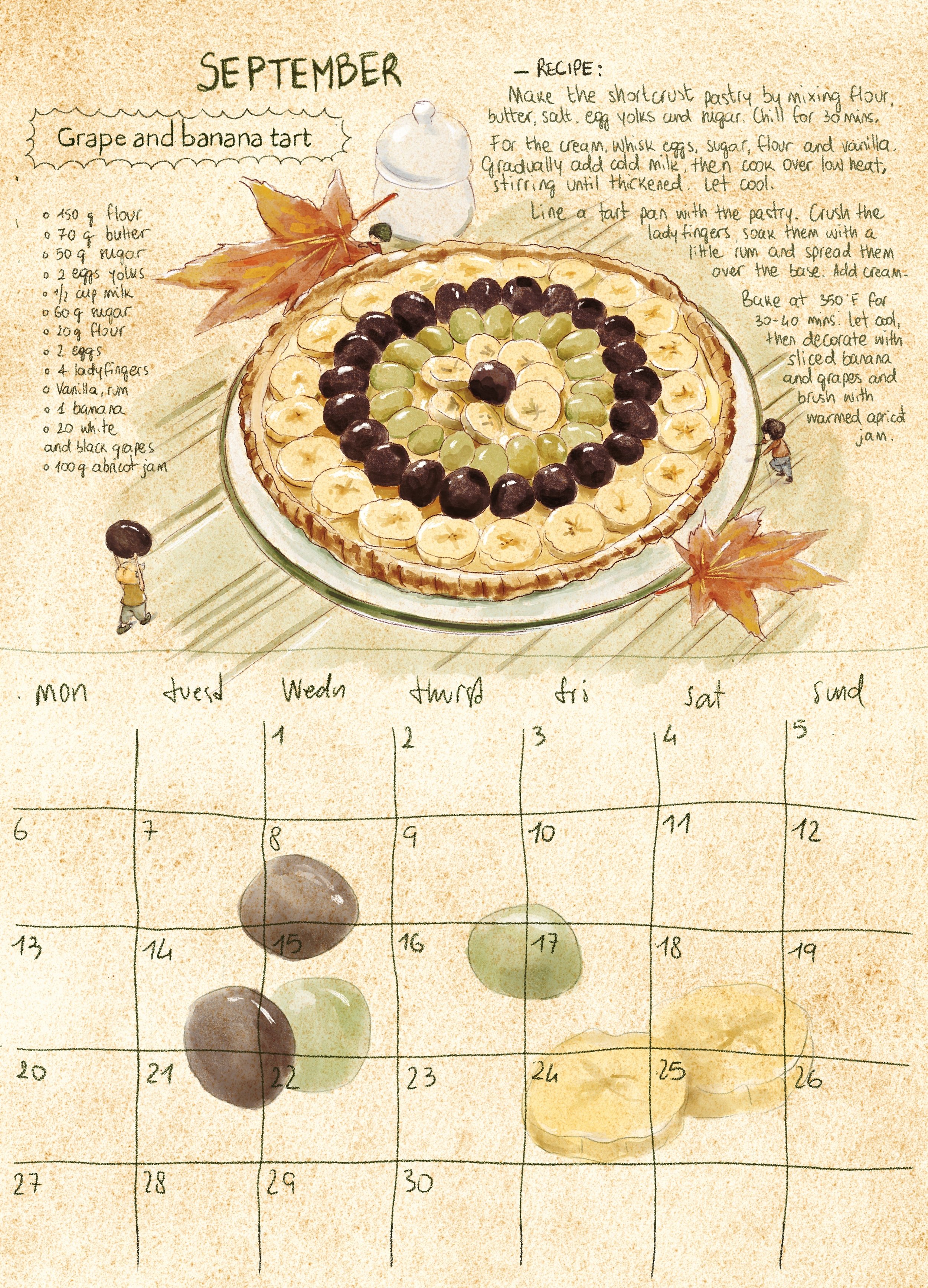A recipe for a grape and banana tart, with preparation instructions and an illustration of a tart decorated with banana slices, black grapes, and green grapes, as well as autumn leaves and small figures.