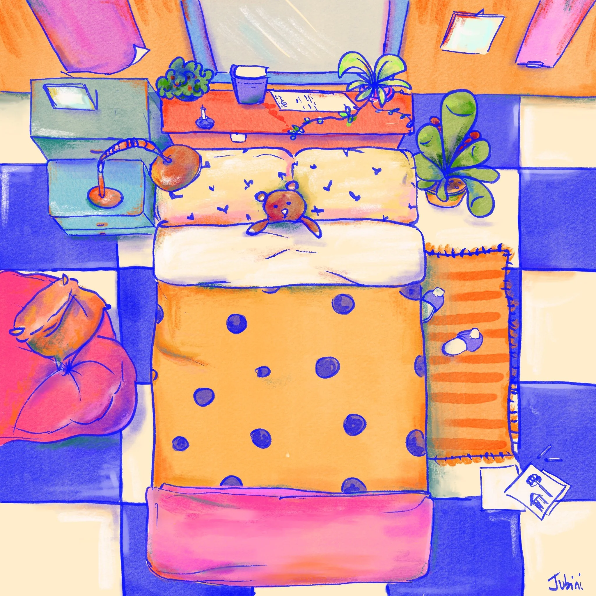 A pastel-colored scene of a bedroom with a bed, potted plants, a lamp, a coffee table with magazines, and a small stuffed giant. On the right side, there are some papers and a notebook.