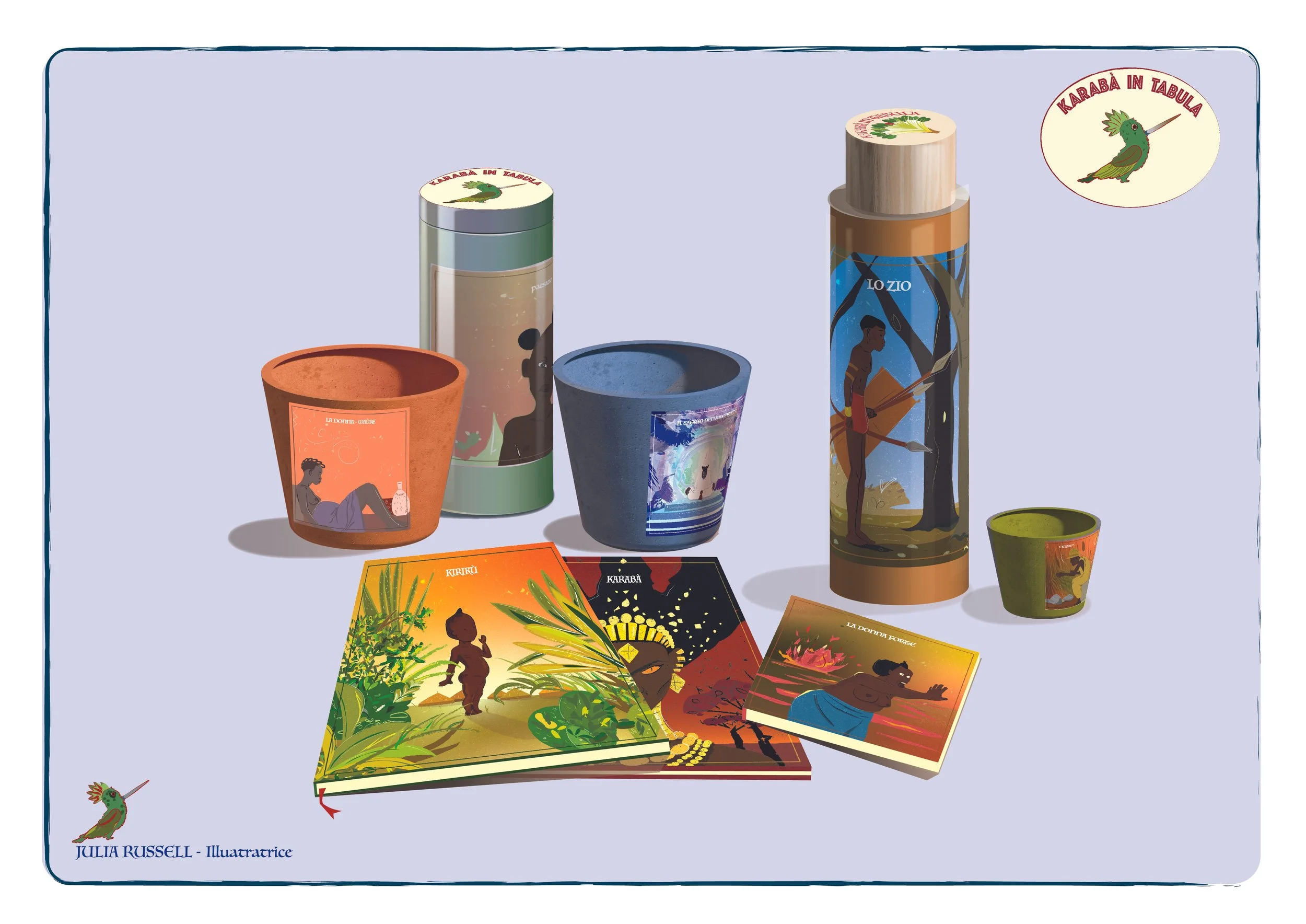 Book illustrations and decorative items featuring African and nature-inspired themes, including vases with images of people and nature, cards with drawings of African landscapes, and small boxes with images of a woman and a child in a natural setting