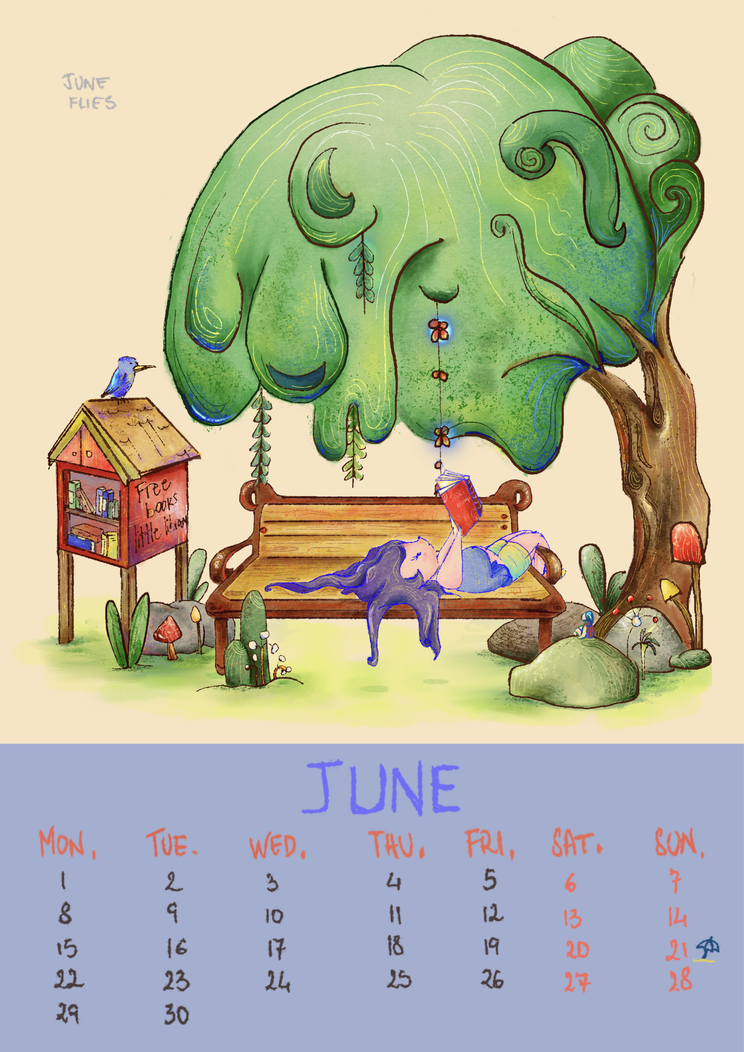 Un'immagine di un calendario illustrato per il mese di giugno con un disegno di una ragazza che giace su una panchina, sotto un grande albero verde con foglie sfrangiate e un nido. C'è anche una cabina bibliotecaria e uccelli, tra altri dettagli di n