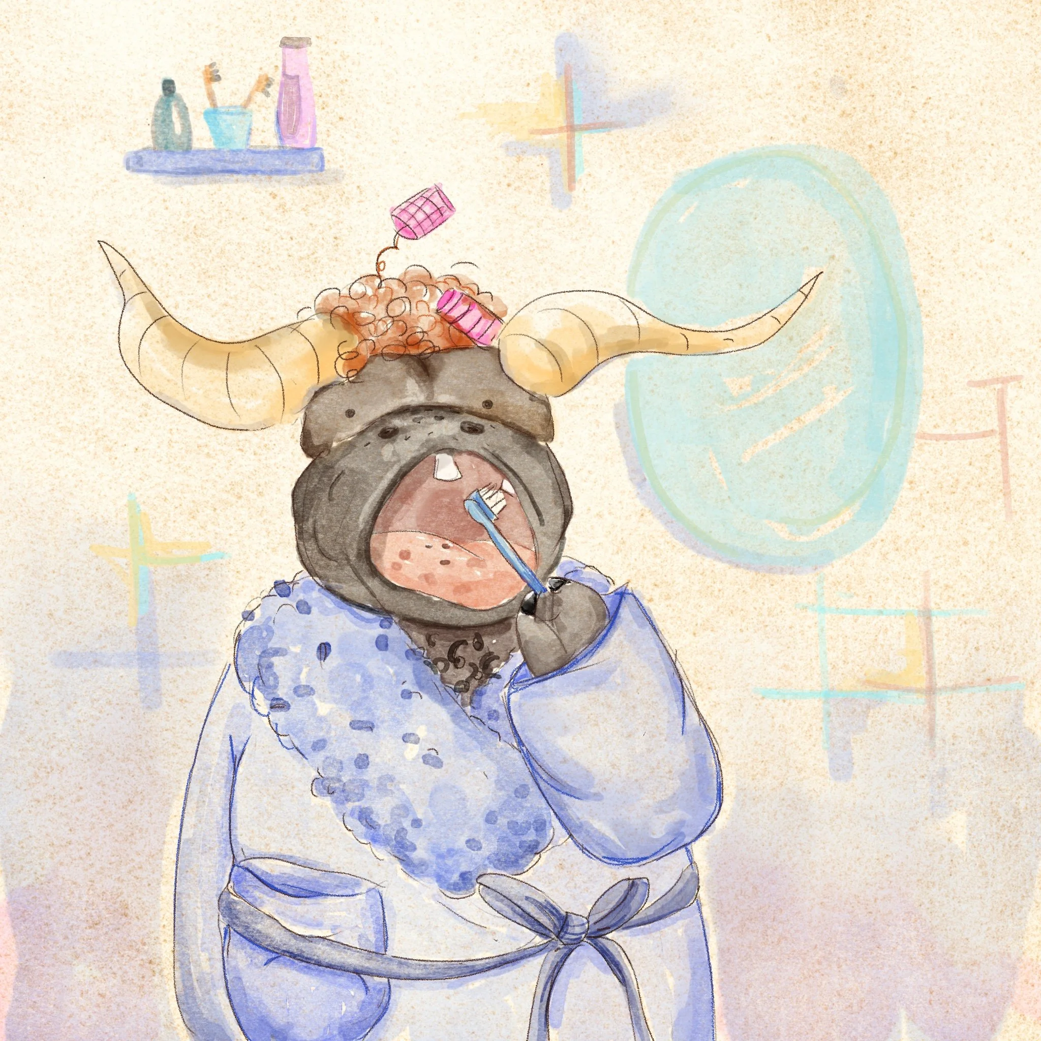 Illustration of a buffalo with its mouth open, brushing its teeth in the bathroom while wearing a bathrobe.