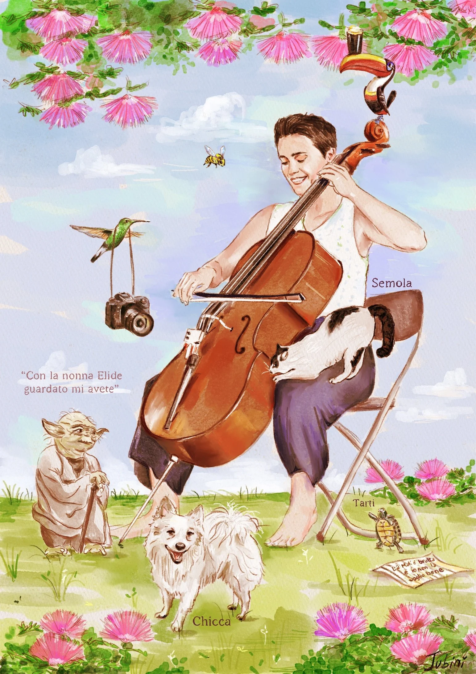 A girl is playing the cello in a meadow filled with pink flowers, surrounded by animals and insects such as small dogs, birds, bees, cats, and other insects. 