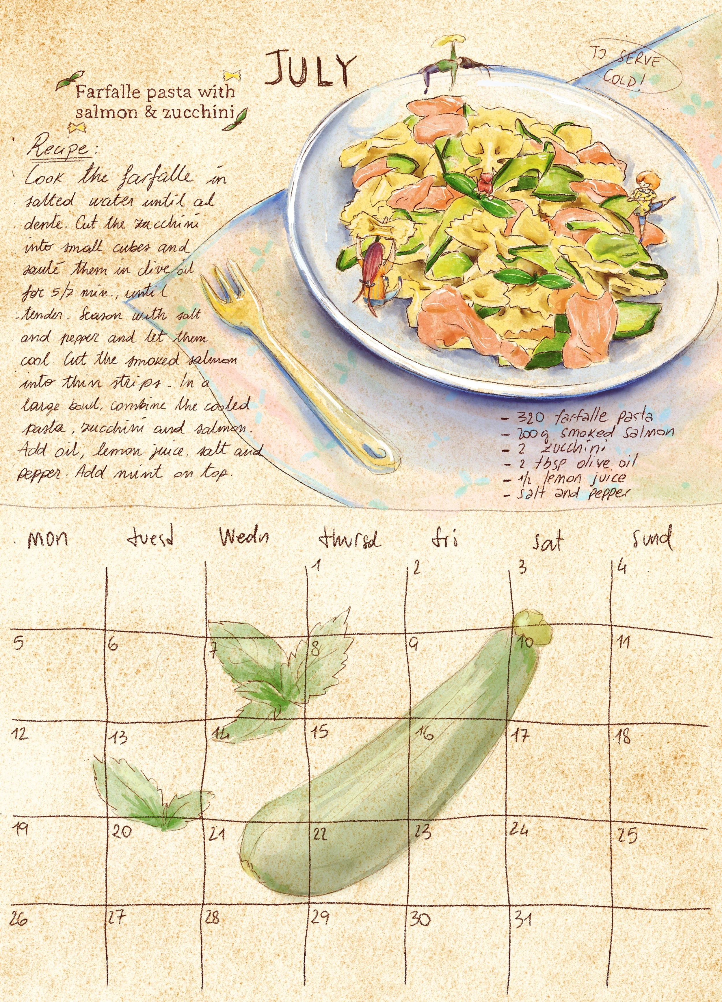 Pagina di calendario con una ricetta per la pasta farfalle con salmone e zucchine, accompagnata da un'illustrazione colorata di una ciotola di pasta e un cucchiaio, e un disegno di un cetriolo e foglie di menta.