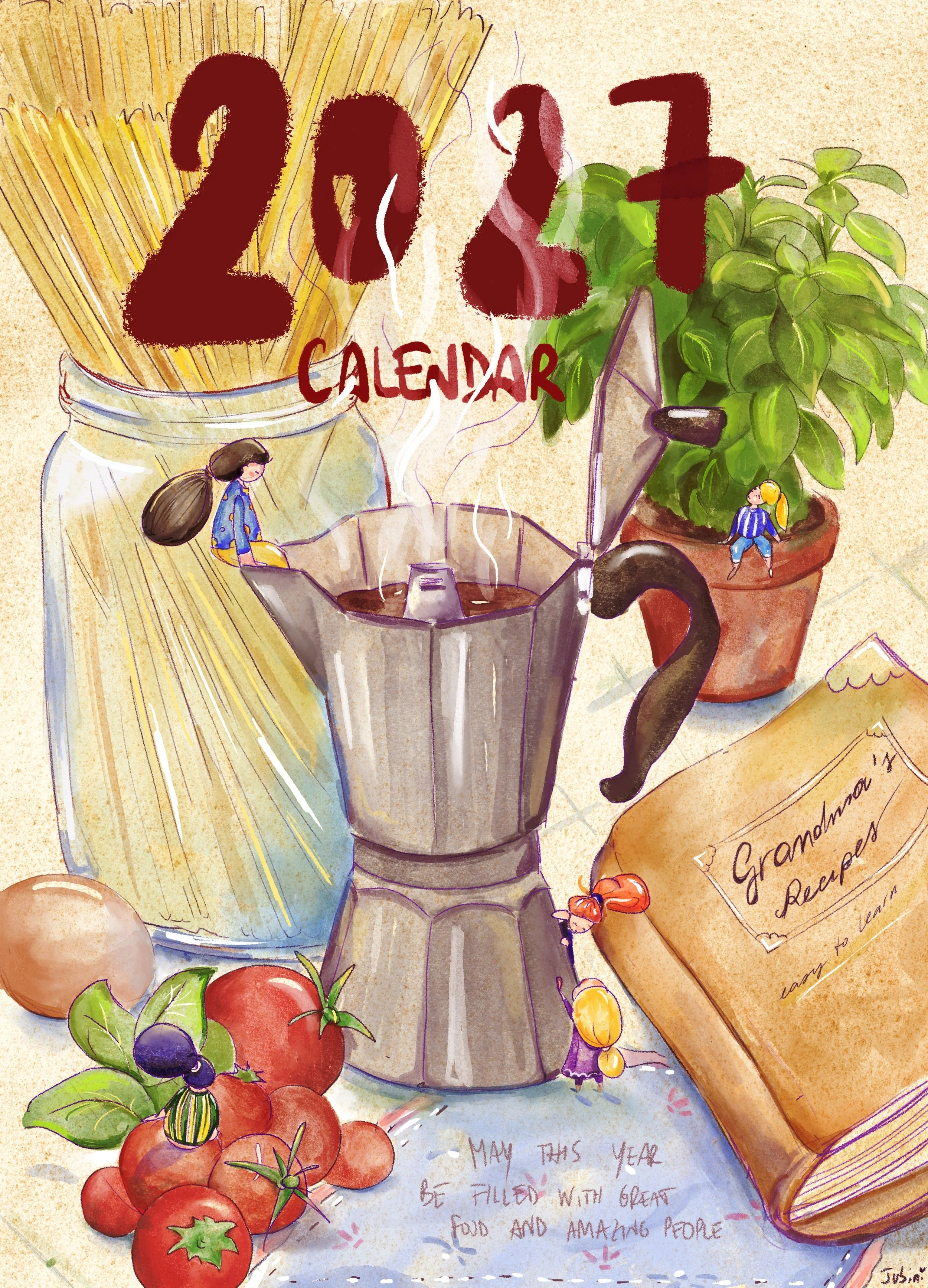 Un disegno artistico con i numeri '2021' scritti in grosso stile e la parola 'CALENDAR' sottostante. Ci sono elementi come una pianta in un vaso, un mazzo di pomodori, un libro con ricette, una tazza di caffè, e figure stilizzate di persone. Sulla pa