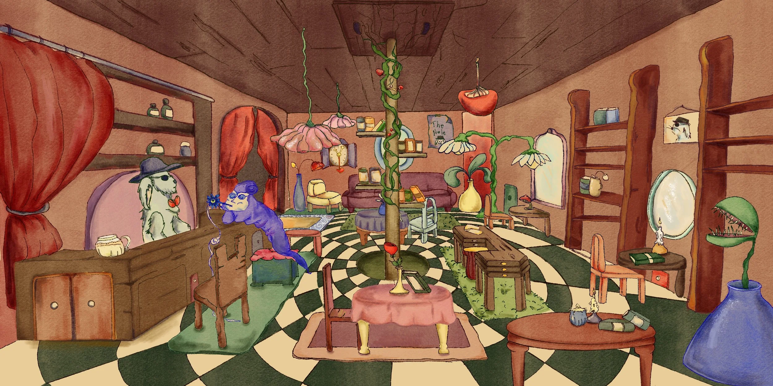 Interno di un'accogliente stanza con mobili di legno, piante rampicanti, lampade a forma di fiori, e oggetti decorativi. Due figure di animali antropomorfi sono presenti, una con cappello e occhiali che si trova seduta, e un'altra blu con occhiali che tiene un fiore.