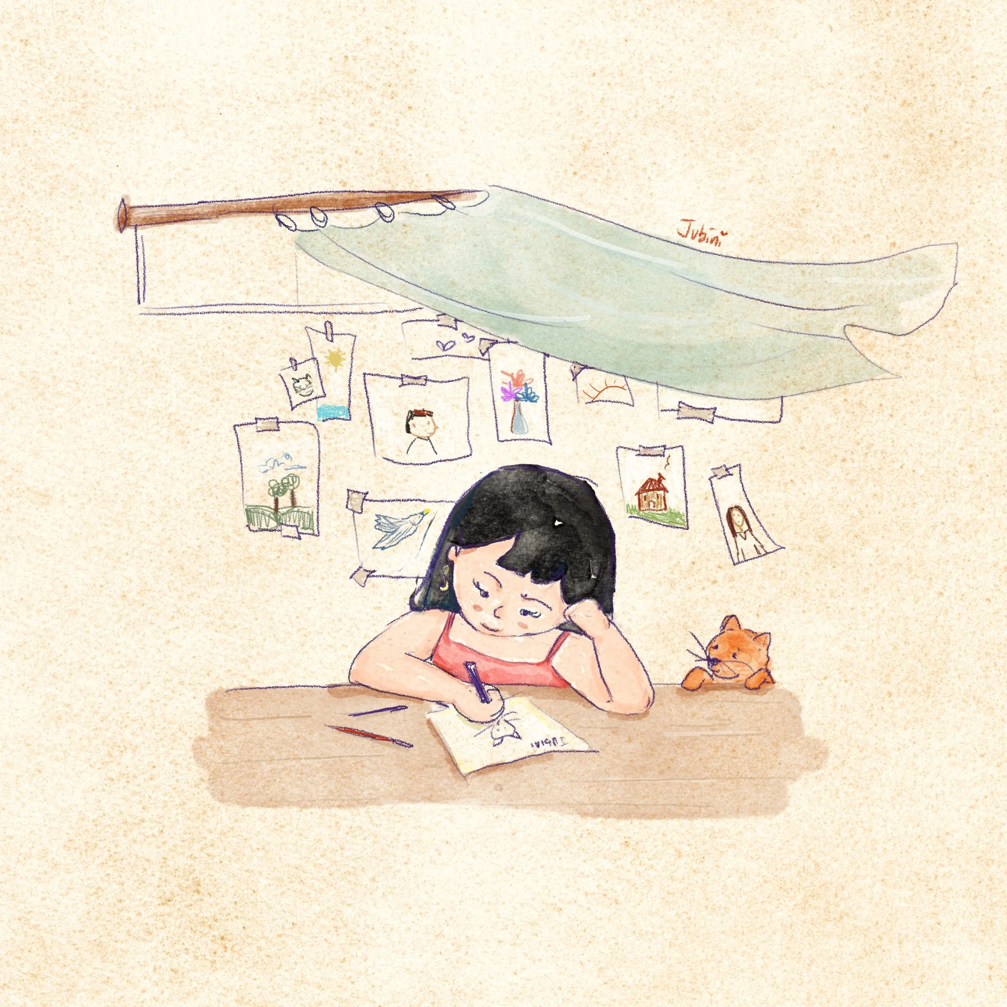 Disegno di una bambina che disegna con un pennarello, circondata da vari quadri con disegni colorati, vicino a un gatto arancione. Sul muro alle sue spalle ci sono decorazioni con frasi e disegni.