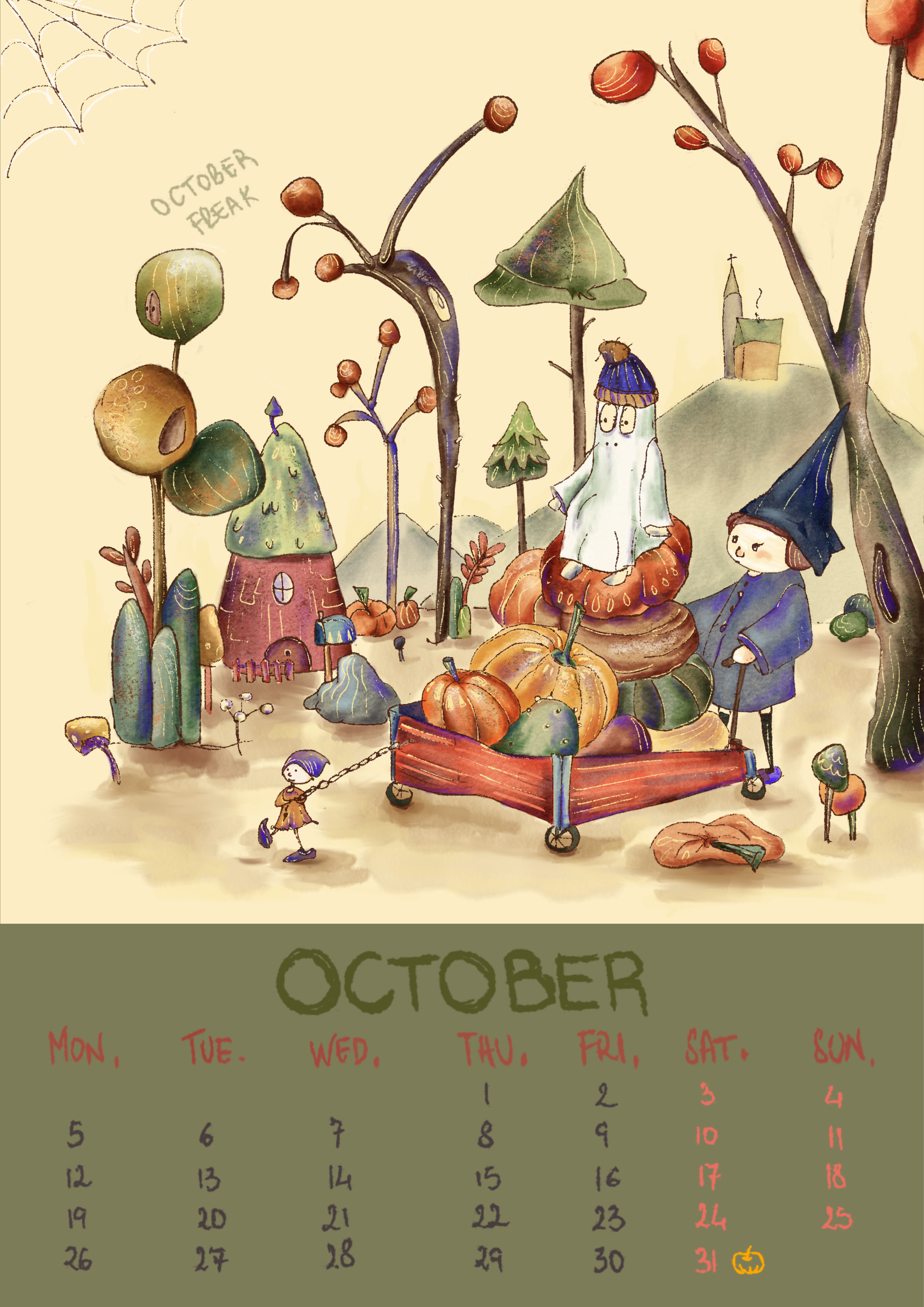 Illustrazione di ottobre con due bambine travestite da maghi, ambientata in un cortile con zucche, piante, casette, e decorazioni autunnali.