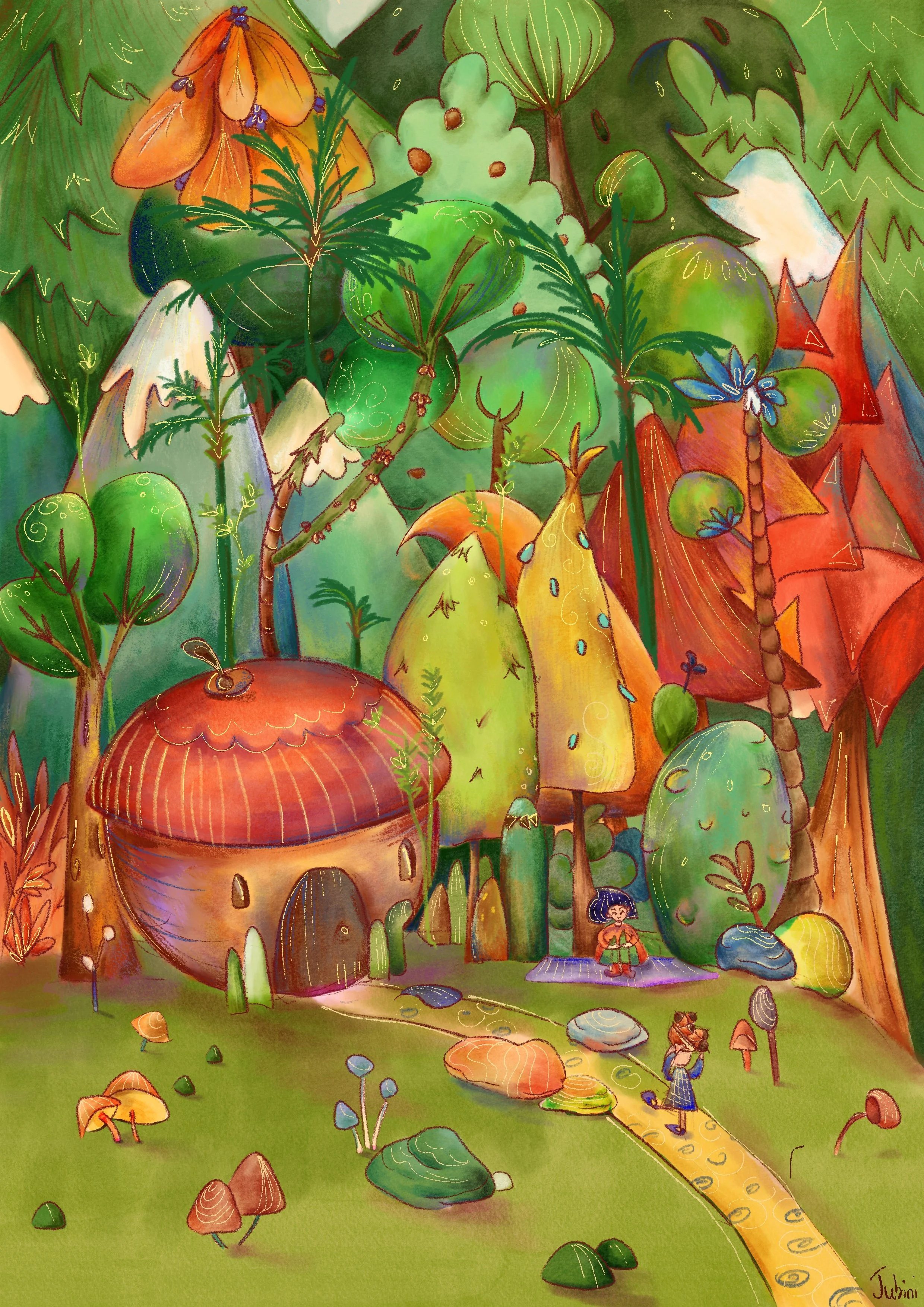 Un'illustrazione colorata di un mondo magico con case che sembrano funghi e un ambiente ricco di piante, fiori e sentieri, con due bambini che esplorano il paesaggio.