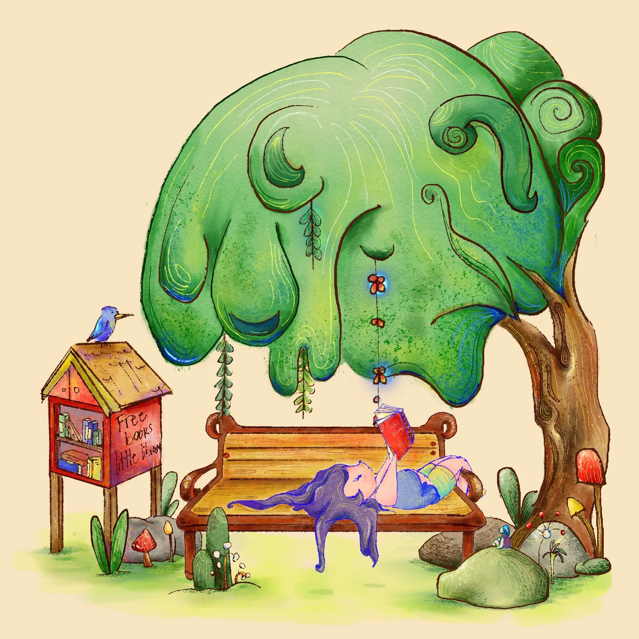 Illustrazione di un albero verde con foglie spiraliformi, un gatto blu seduto su una panchina, una casetta di libri rossa e una piccola lanterna, in uno stile fiabesco.