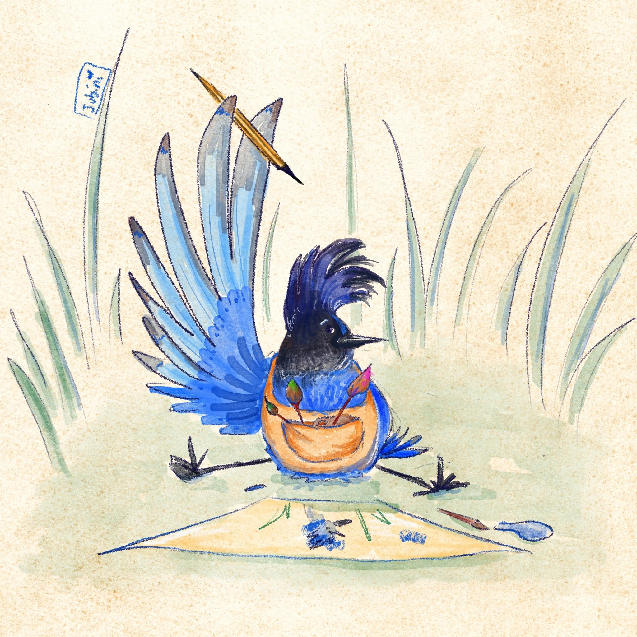 Drawing of a little blue bird sitting on the grownd with a long beak, big eyes, and colorful feathers, surrounded by grass, done in watercolor and pencil.
