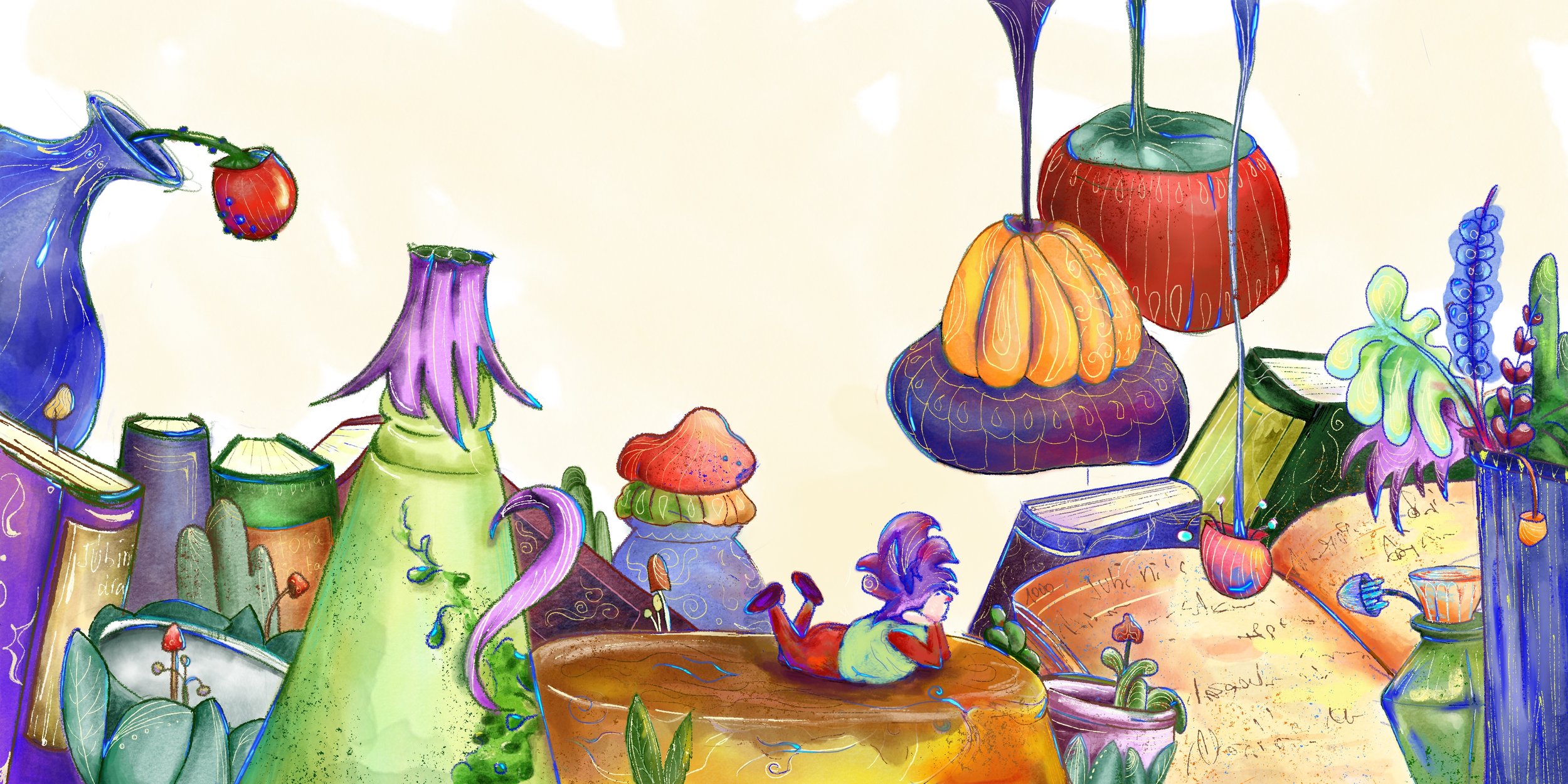 A colorful and fantastical drawing of various objects and characters, such as books, vases, plants, and figures that seem to come from magical or fairy-tale settings.