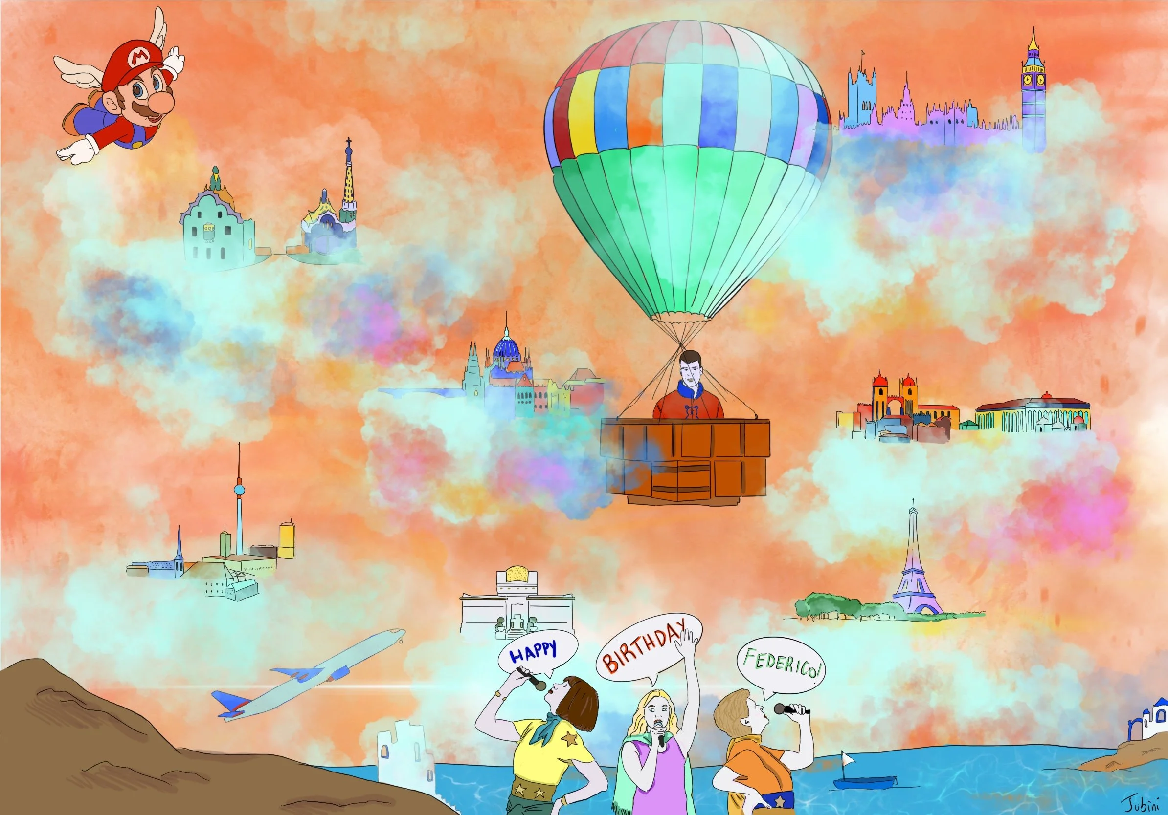 Un'illustrazione colorata con un hot air balloon, un'astronave, un aereo, e vari edifici iconici di città come Parigi, Londra, e Barcellona sullo sfondo. In primo piano ci sono bambini con palloncini, uno che tiene un paio di occhiali e altri che sal