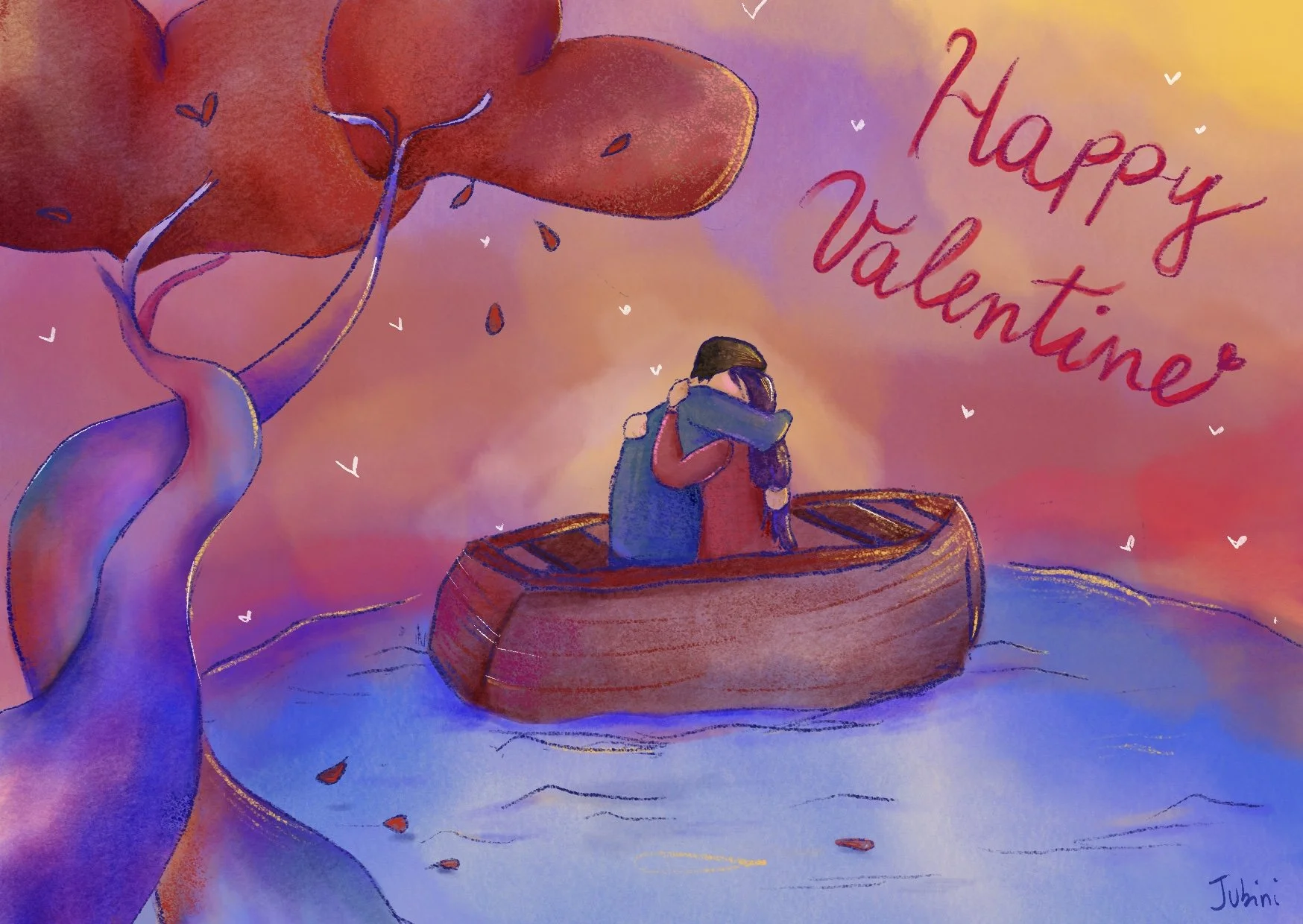 A romantic illustration of two people embracing while sitting in a boat on a lake, with a large tree in the front and the message “Happy Valentine's” written in red letters.