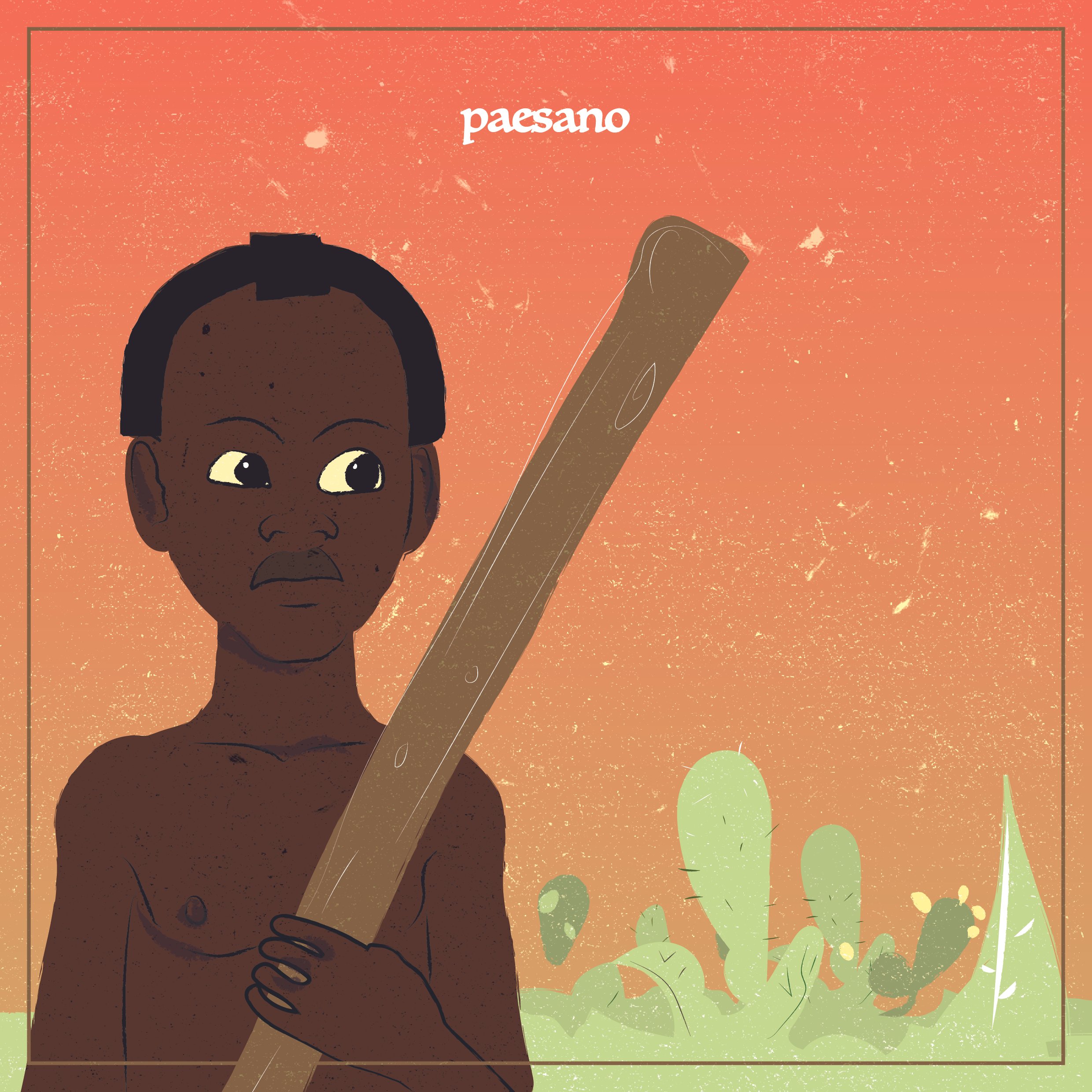 Illustrazione di un bambino con la pelle scura e capelli corti, che si copre il petto con le mani, con un'attitudine pensierosa, in un ambiente naturale con erba e fiori.