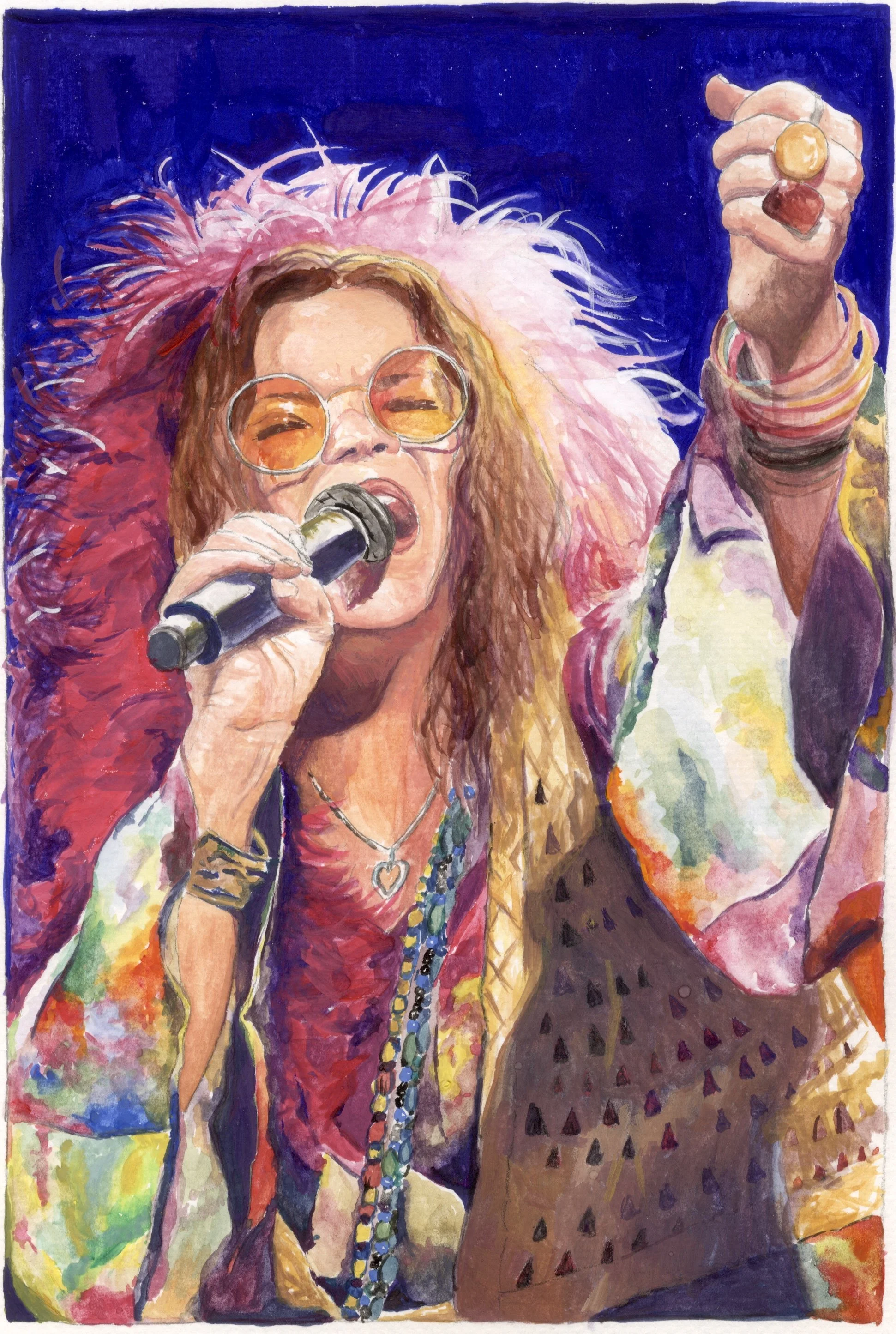 A colorful painting of singer Janis Joplin with curly hair and round orange glasses, singing with a microphone in her hand, wearing bright clothes and bracelets, against a blue background.