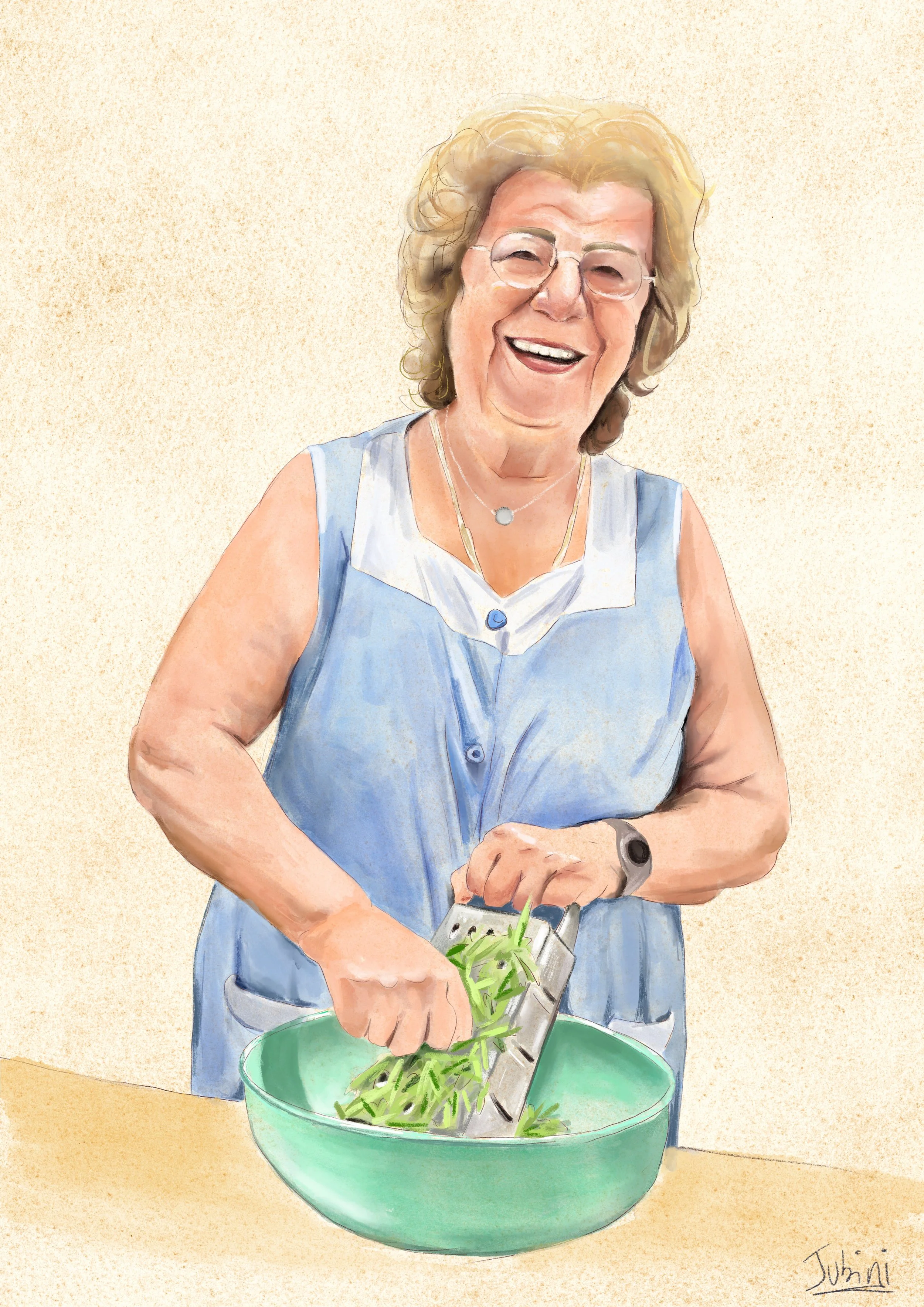 An elderly woman wearing glasses is grating vegetables into a green bowl; she is smiling and happy.
