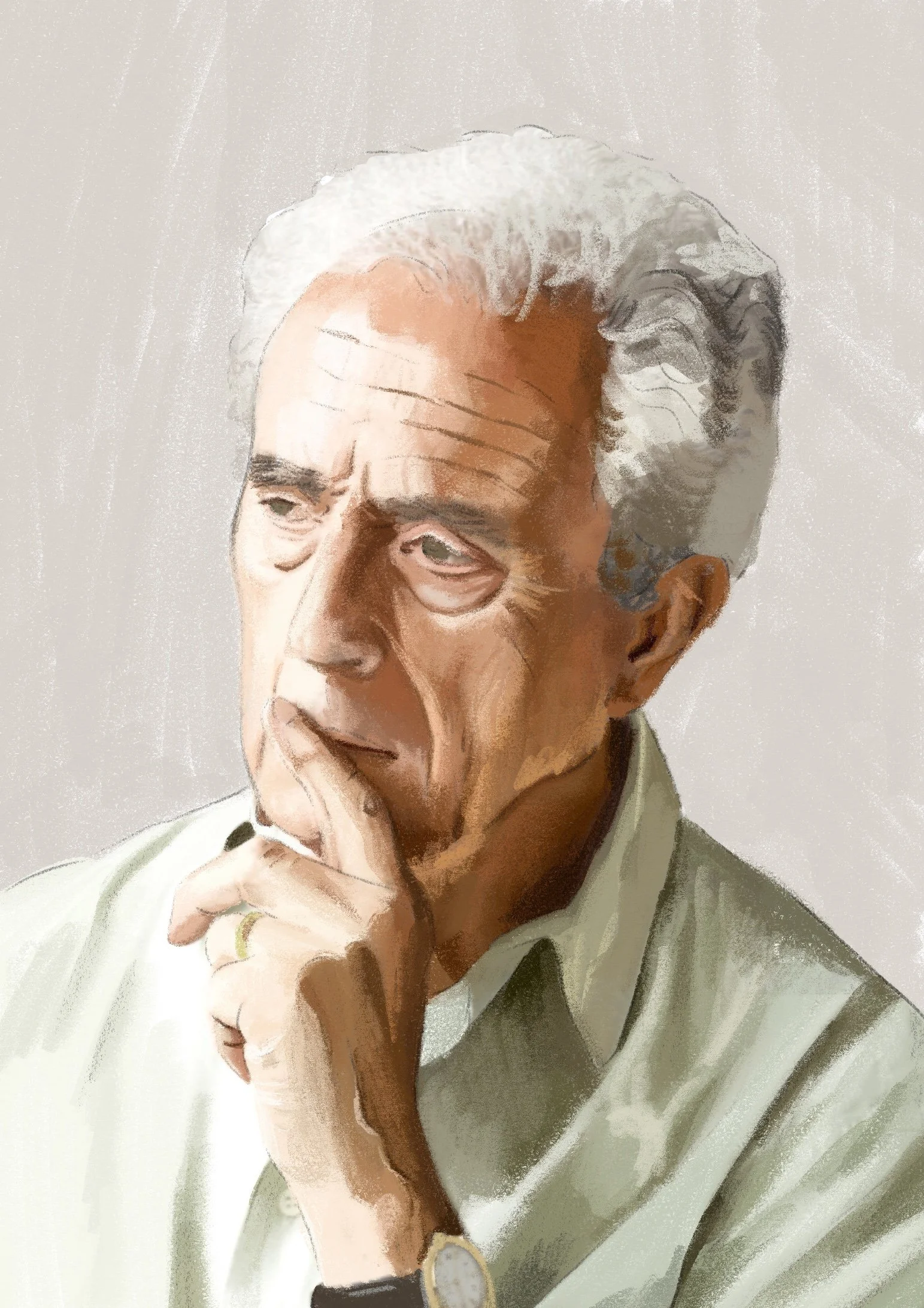 Ritratto di un uomo anziano con capelli ricci bianchi e volto pensieroso, che indossa una maglietta bianca e un orologio al polso, poggiando il mento sulla mano.